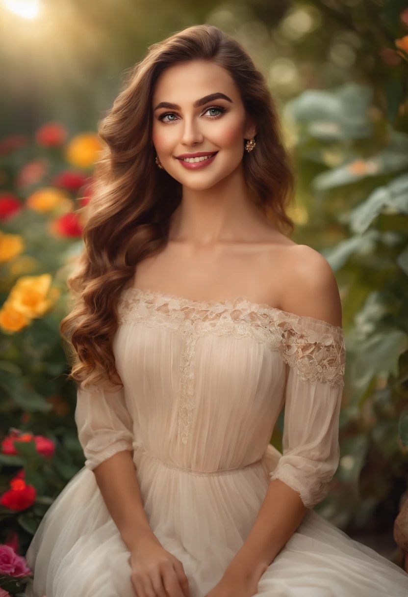 (best quality,highres:1.2),detailed eyes and lips,beautiful soles,garden setting,long eyelashes,wavy hair,bright smile,playful expression,colorful background,soft lighting,portrait,realistic style,vivid colors,bokeh