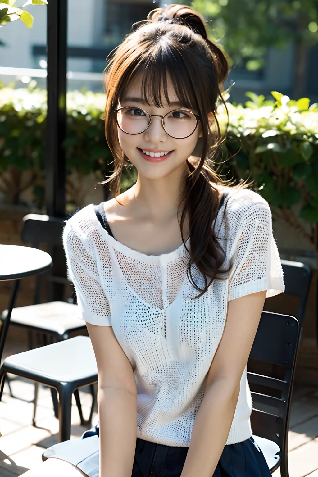 (8K、Raw photography、top-quality、masterpiece:1.2)、(realisitic、Photorealsitic:1.37)、ultra-detailliert、超A high resolution、1人、see the beholder、beautifull detailed face、A smile、Constriction、(Slim waist) :1.3)、Beautiful detailed skin、Skin Texture、Straight hair、Professional Lighting、Whole human body、Short hair、a blond、hi-school girl、School Grounds、Small breasts、Bob Hair、Happy smile、perspiring、(White panties:1.1)、(Sitting table:1.2)、(Facing the front)、(Round glasses:1.2)、(Low ponytail:1.1)、(Knit shirt with a striped pattern:1.1)