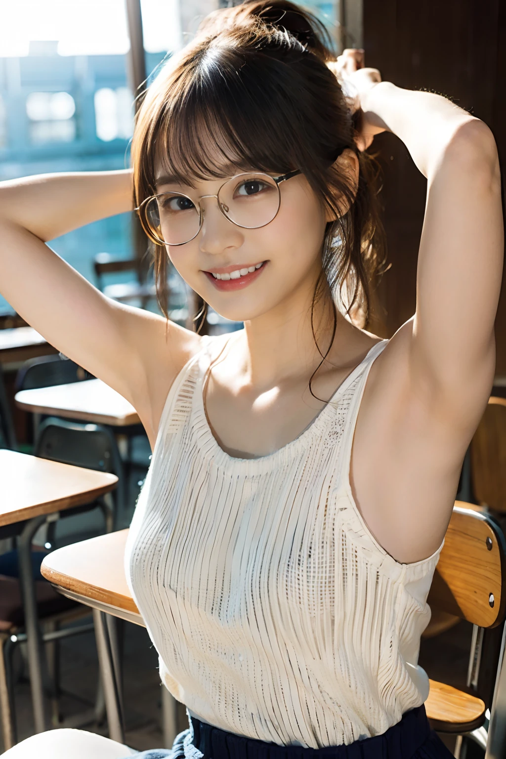 Beautiful young girl,Face lighting,最high quality, ((((Very smiling,,,Upper body close-up,classroom))),非常にBeautiful detailsな顔, (Slender body:1.4), (Detailed face:1.2), Conceptual Art, high quality, Realistic, Very detailed CG 統合 8k 壁紙, Very detailed, High resolution raw color photos, Professional photography, Cinematic Light, Beautiful details, Super detailed, Advanced Details, Depth of written boundary, Super stylish lighting, (Beautiful small chest:1.2), Smooth and flawless skin, Expressive and captivating eyes, Well-defined facial features, A perfectly balanced face, Fine Details and Realistic Textures,Blurred Background、Round Glasses