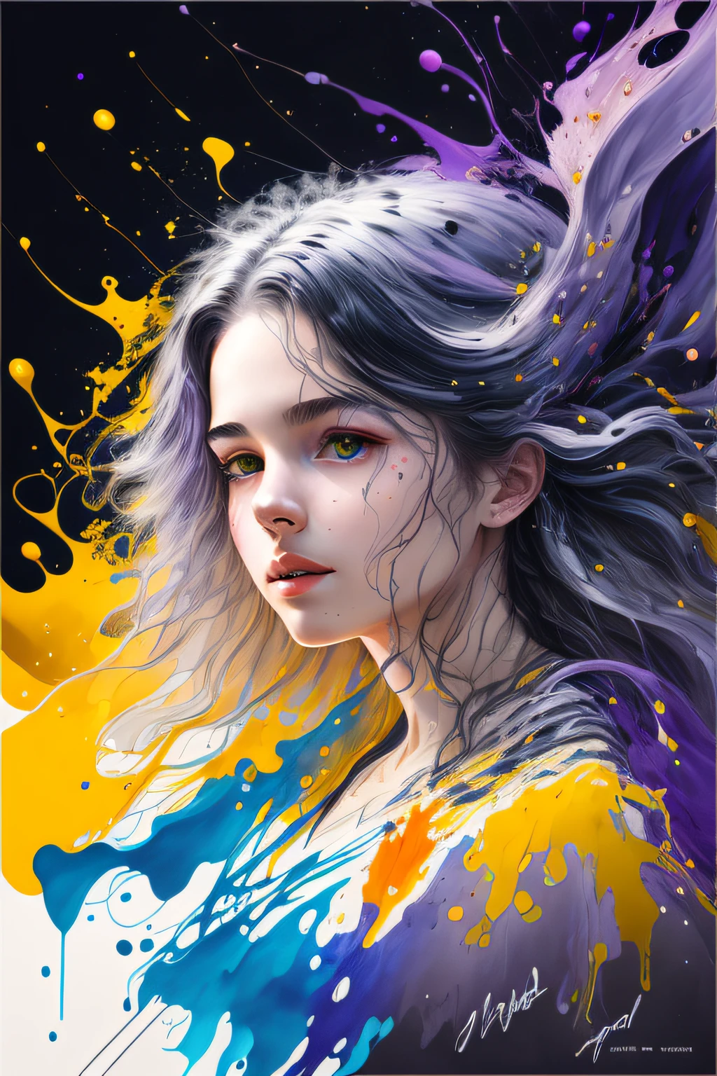 Beautiful colorful girl: an 18-year-old giru, messy hair, oil painting, perfect face with soft skin and perfect face, blue yellow colors, light purple and violet additions, light red additions, intricate details, home screen, 8k resolution, masterpiece, beautiful face, artstation soft digital painting black ink flow: 8k resolution Photorealistic masterpiece:  Intricately detailed fluid gouache painting: by Jean Baptiste Mongue: calligraphy: acrylic: watercolor art, professional photography, natural lighting, volumetric lighting Maximalist photoillustration: by Marton Bobzert: , complex, elegant, expansive, fantastic, wavy hair, vibrant