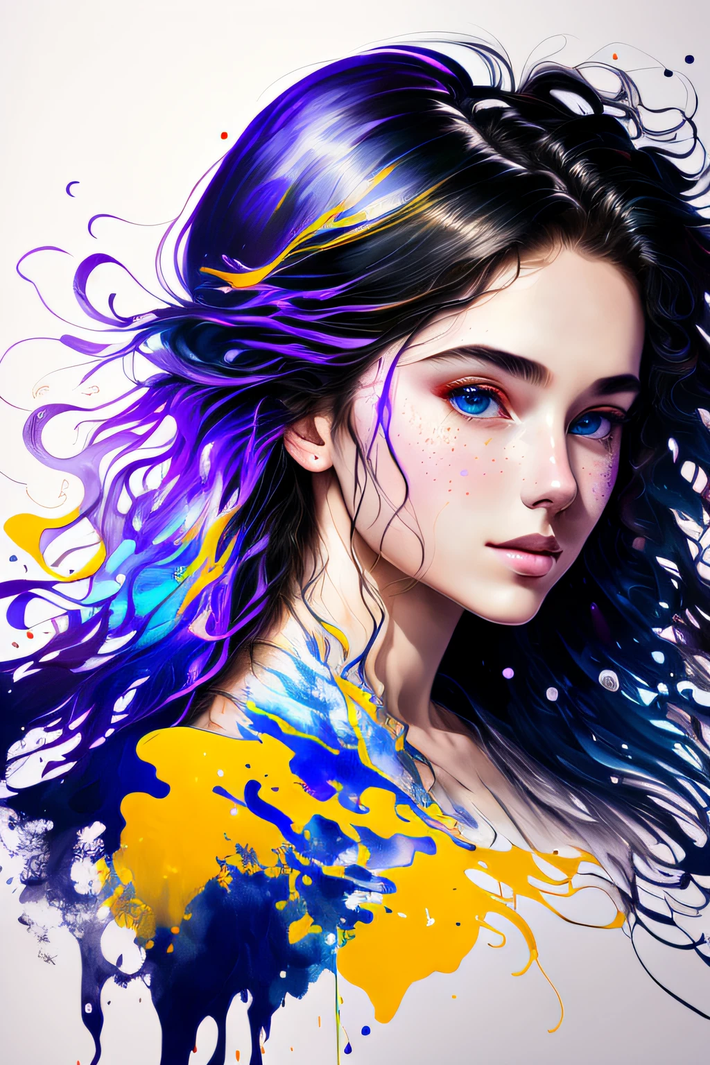 Beautiful colorful girl: an 18-year-old giru, messy hair, oil painting, perfect face with soft skin and perfect face, blue yellow colors, light purple and violet additions, light red additions, intricate details, home screen, 8k resolution, masterpiece, beautiful face, artstation soft digital painting black ink flow: 8k resolution Photorealistic masterpiece: Intricately detailed fluid gouache painting: by Jean Baptiste Mongue: calligraphy: acrylic: watercolor art, professional photography, natural lighting, volumetric lighting Maximalist photoillustration: by Marton Bobzert: , complex, elegant, expansive, fantastic, wavy hair, vibrant