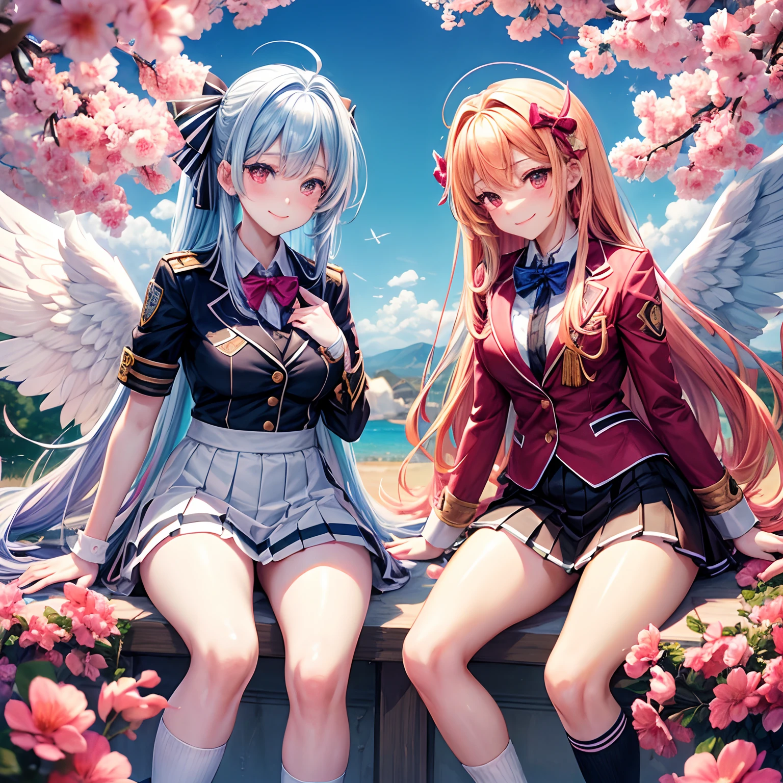 Beautiful girl with multicolored hair，She is an angel.、It's Yandere，harems，Multiple angels and beautiful girls are drawn，A smile，​masterpiece，超A high resolution，Ribbon on uniform，Cute Blazer，Beautiful Beautiful Girl，Perfect Beautiful Girl，Excellent style，valley，Loose Socks，girl，