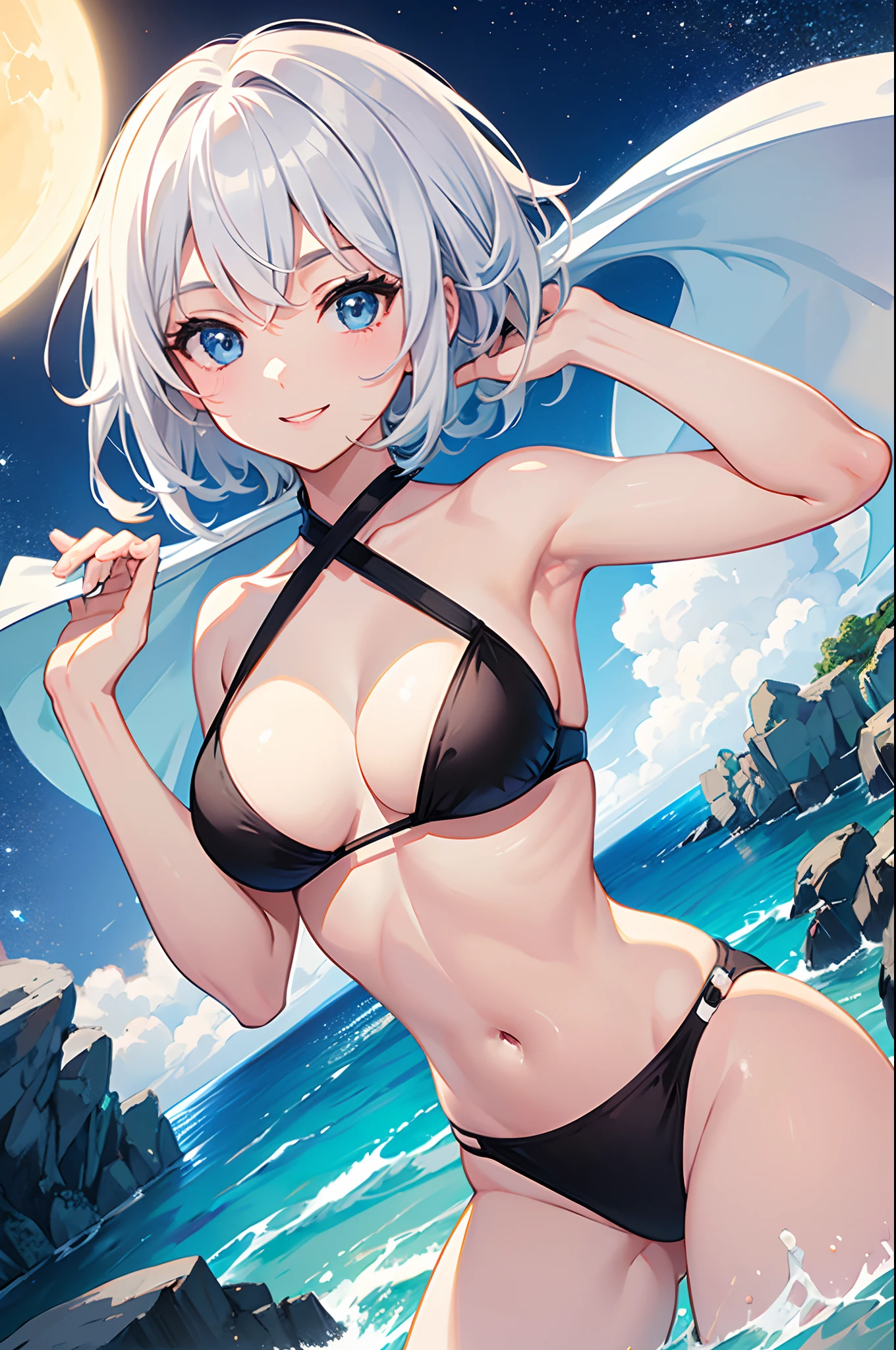 best quality, 1girl,(white),(short hair),(li),cute,(blue eyes),(bright smile),(cleavage),(black bikini),(beach),(night time) 8k. Masterpiece.