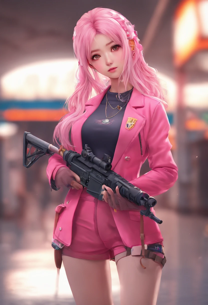 ulzzang-6500-v1.1,(raw photo:1.2),((photorealistic:1.4)),best quality ,masterpiece, illustration, an extremely delicate and beautiful, extremely detailed ,CG ,unity ,8k wallpaper, Amazing, finely detail, official art,extremely detailed CG unity 8k wallpaper,absurdres, incredibly absurdres, huge filesize, ultra-detailed, highres, beautiful detailed girl, extremely detailed eyes and face, beautiful detailed eyes,light on face,cinematic lighting,((extremely pink tight suit clothing)),1girl,full body,full-body shot,looking at viewer,((light pink hair)), red eyes,((bliss)), best detailed background, ((cosplay)), (smile), twintails, ((hold a rifle)),