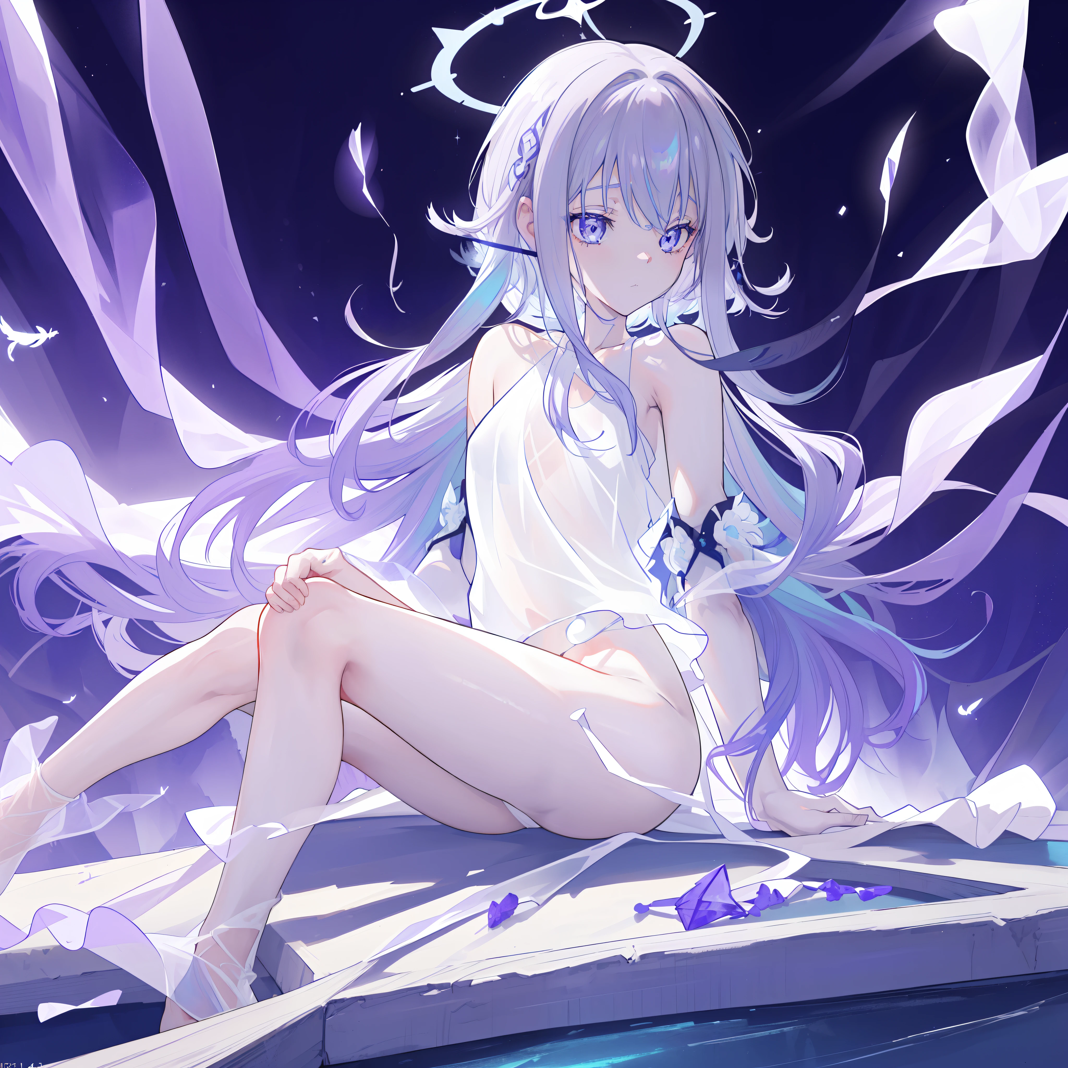 (((A far view: 1.4))) of an anime  girl, (lying down on a (river), (((half naked))), cinematic light, slim body with curves, skin is perfectly white, soft, and smooth, ((no nsfw)), Extremely delicate and beautiful CG illustration, best quality, high resolution, dynamic angle, full-length lens, (1 girl), floating, soft light, high-key lighting), glowing light, purple halo, feathers fluttering background, blue crystal, (((wearing nothing but a white (pure) (transparent) tank top))), ((very cinematic))