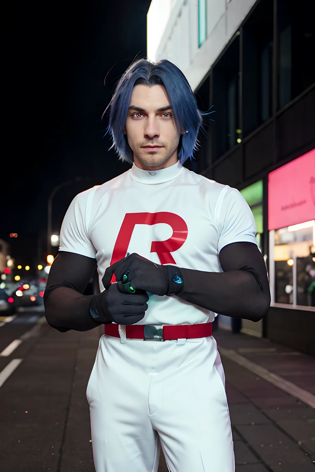 male, james, blue hair, green eyes, white team rocket outfit, standing in a city, ambient lights, detailed,  short black gloves, red r on clothing