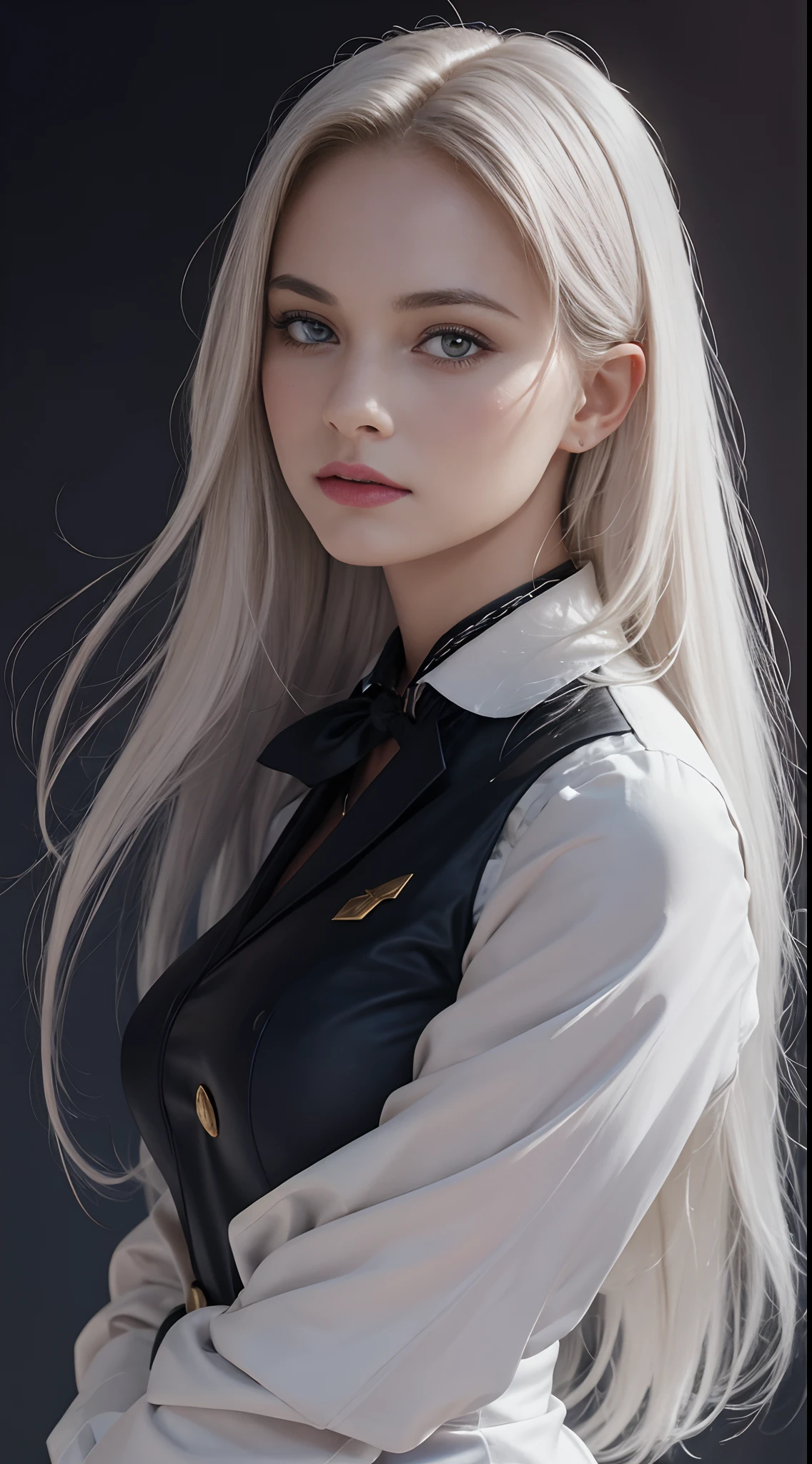 (In the Dark: 1.6), surreal female portrait by David Hockney and Alphonse Mucha, fantasy art, photorealism, dynamic lighting, artstation, poster, volumetric lighting, very detailed faces, 4k, Award Winning, 1girl, In Dark, Deep Shadow, Low Key, Cowboy Shot, (Stewardess Uniform: 1.4), Long Hair, White Hair, Bust, Terminal, Medium Boobs