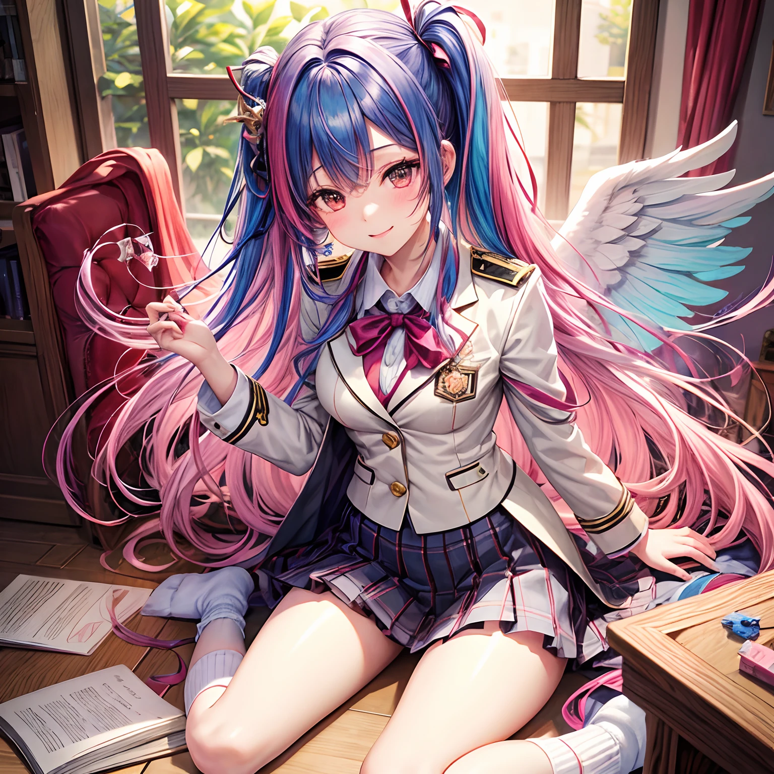 Beautiful girl with multicolored hair,She is an angel.、It's Yandere,harems,Multiple angels and beautiful girls are drawn,A smile,masterpiece,超A high resolution,Ribbon on uniform,Cute Blazer,Beautiful Beautiful Girl,Perfect Beautiful Girl,Excellent style,valley,Loose Socks,girl,