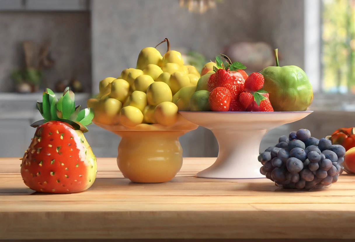 frutas dentro de uma bacia, bem coloridas, frescas, em uma mesa na cozinha