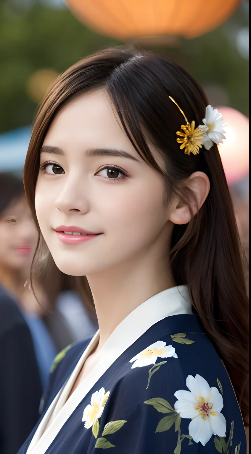 (A hyper-realistic), (hight resolution), (8K), (ighly detailed), (beatiful detailed eyes), (top-quality), (ultra-detailliert), (masterpiece), (A detailed face), softfocus、face of emma watson、Colossal tits、japanes、Japanease Summer festival、natta、firework background、Fireworks Festival、Wearing a yukata、hair adornments、Uchiwa、A smile