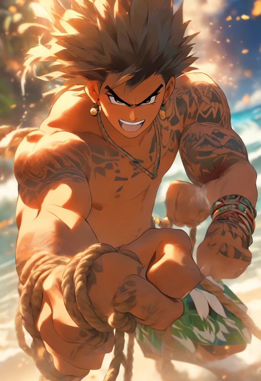(((Hawaiian pulling a rope)) best quality, ultra-high resolution, 4K detailed CG, masterpiece, Maui, Young man, pulling, hooking, Hawaiian clothing, Maori tattoos, ((close camera)) , Picture style Maori, aesthetic, screen-centric, full body