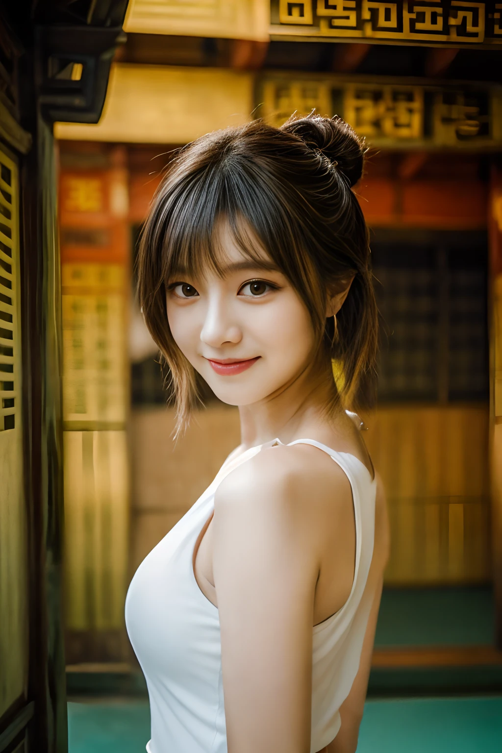 masterpiece、4K、top-quality、beautiful Korean women、detail portrayal、1 girl in、23years old、(Cheongsam、Deep slit:1.3)、(Chinese temple)、Bun、(filmg, Ilford HP5, 80mm)、 depth of fields、cowboy shot、ssmile、tits out