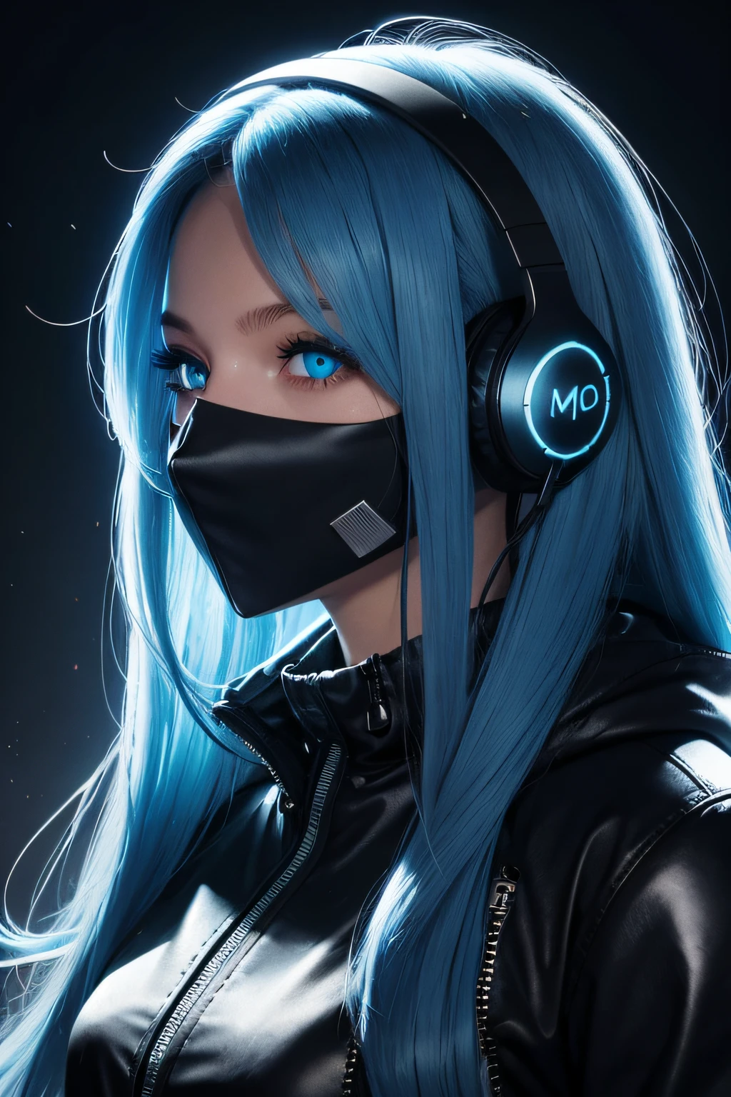 girl with long blue hair, blue eyes, futuristic vibes, mask on mouth, headphones, 8k, high quality, simple background, glowing eyes, nice pose