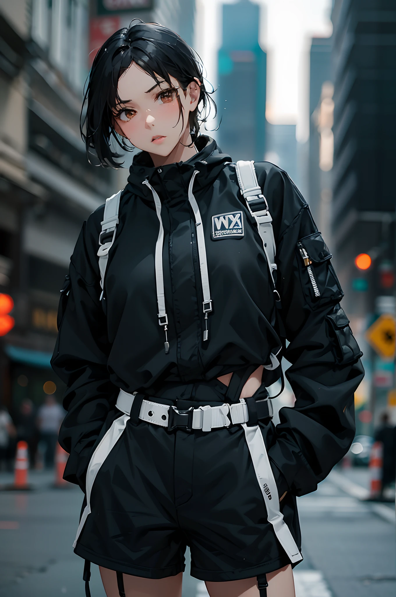 (masterpiece), best quality,1girl, short black hair, urban techwear, blurry background, eye focus, finger on lip, cowboy shot, huge city background, lora:GirlfriendMix2:1