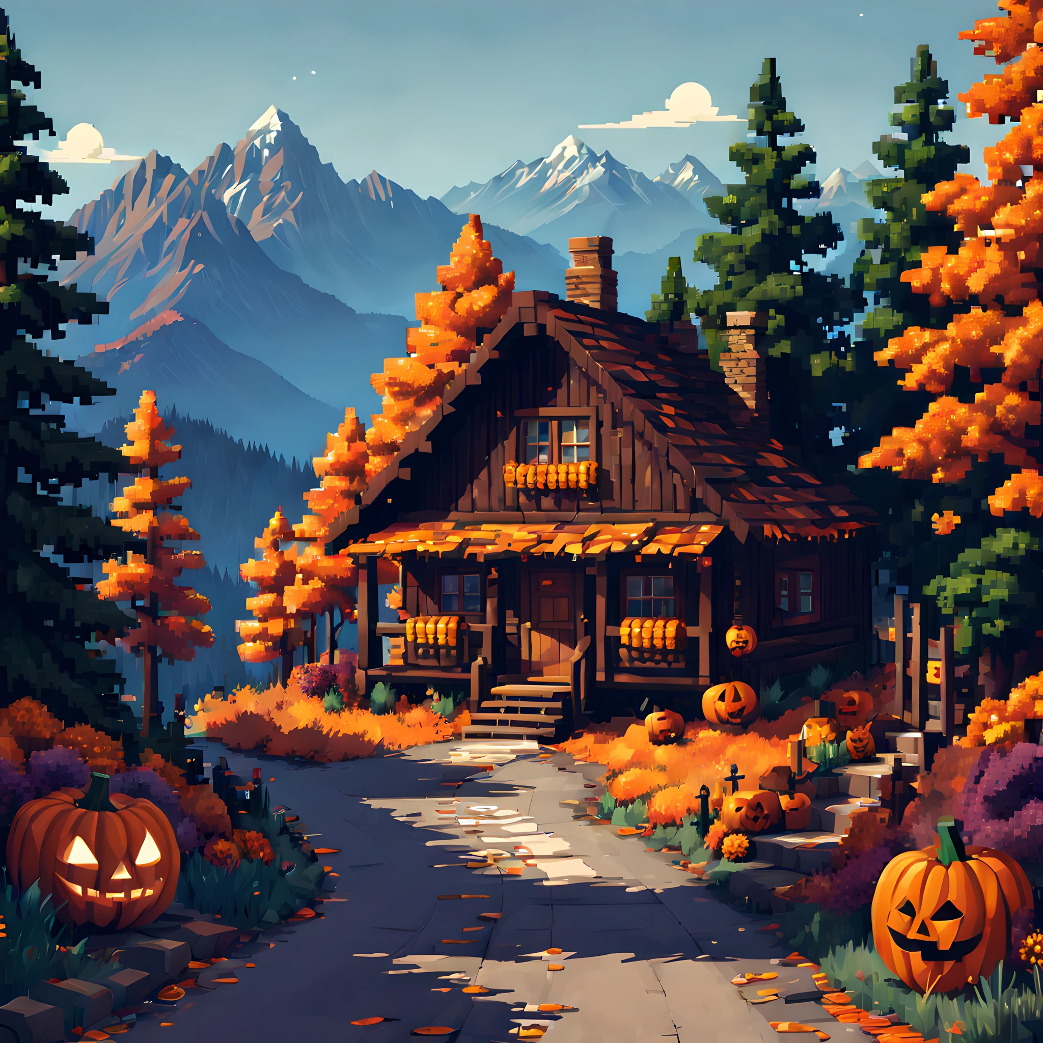 (halloween theme:1.3), (Mountain Cabin (Mountain Cabin) (Mountain Cabin (Mountain Cabin)) (Mountain Cabin (Mountain Cabin) (Mountain Cabin (Mountain Cabin))):1.3), (Pixel art:1.5), Mountain road decorated for Halloween、Halloween Decoration Hats、Autumn mountain hut、Colored leaves、