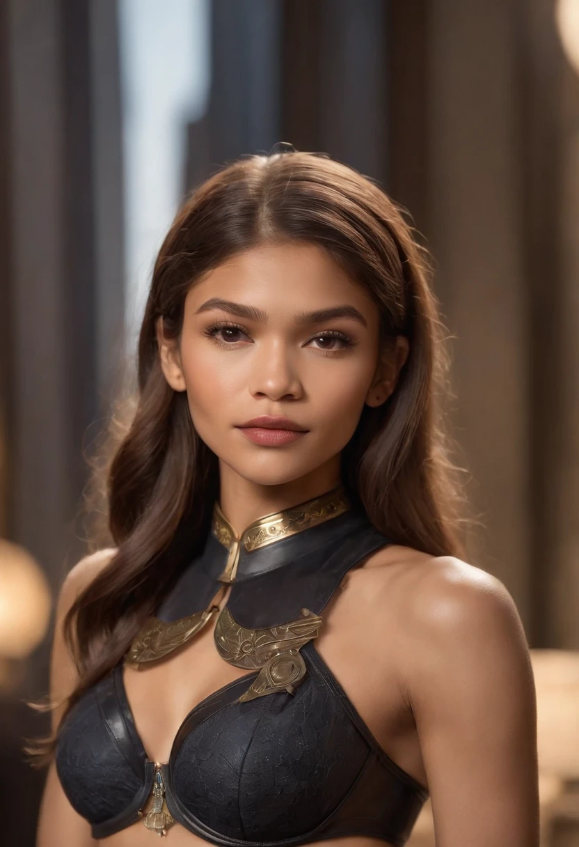 photo of zendaya a woman as a movie star, modelshoot style, (extremely detailed CG unity 8k wallpaper), Intricate, High Detail, Sharp focus, dramatic,photorealistic painting art by midjourney and greg rutkowski , (waist chain), ((Avengers in the background)), (looking at viewer), (detailed pupils:1.2), (Batman bra:1.3) , face only , dimly lit