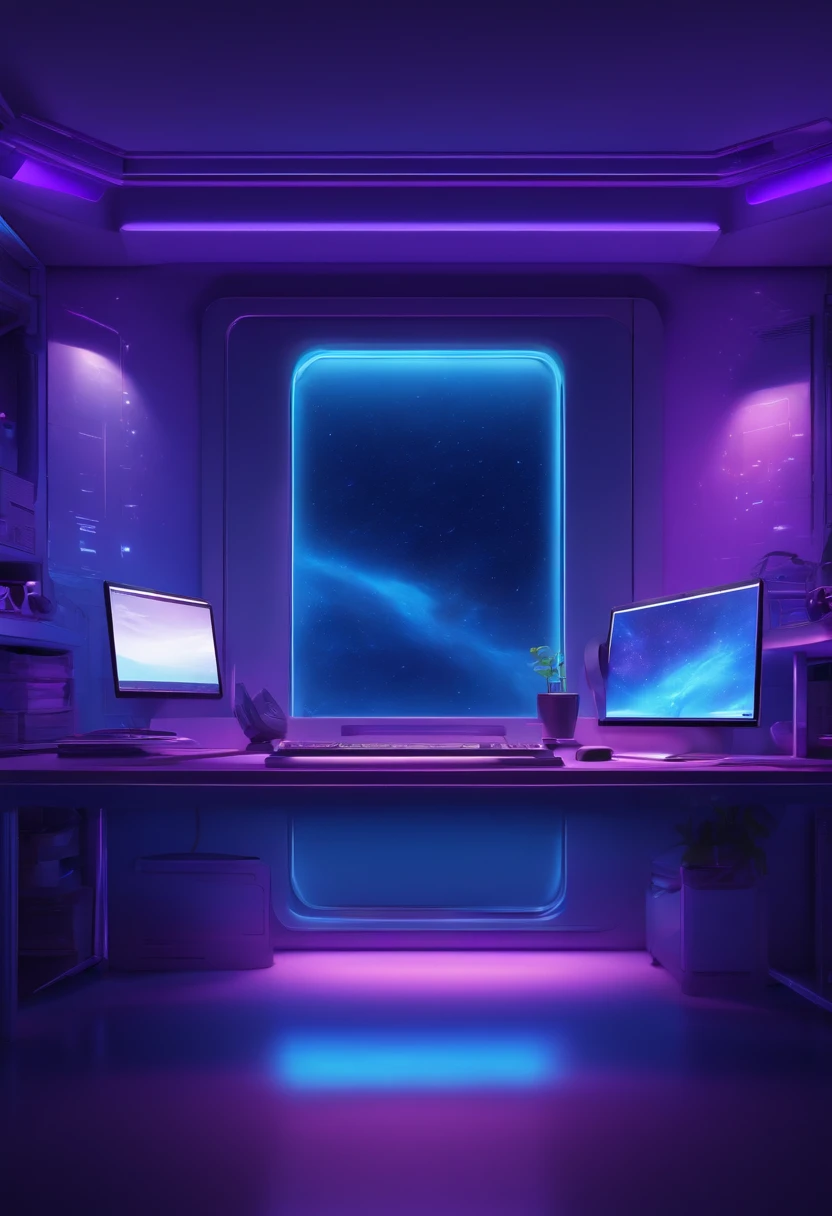 cartoon high tech room with blue purple lighting with desk and computer in the middle with space background high resolution best quality