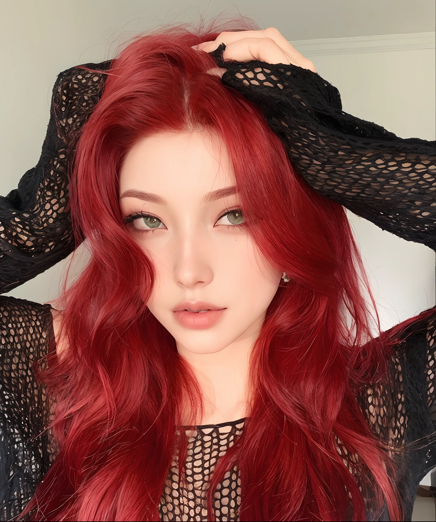mulher arafed com cabelo vermelho e top preto posando para uma foto, cabelos tingidos de vermelho, com cabelos ruivos cacheados, com longos cabelos ruivos, com cabelos ruivos, peruca vermelha, cabelos vermelhos carmesim e olhos vermelhos, cabelos ruivos brilhantes, cabelos ruivos vibrantes, red hair and attractive features, cabelos ruivos ondulados e vibrantes, red hair, messy square vibrant red hair, cabelos longos vermelhos