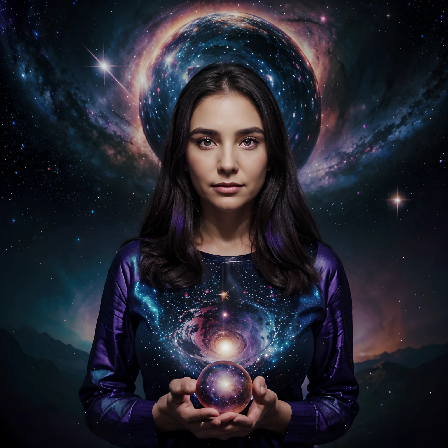 Cosmic entity with the face of a 40-year-old woman, with a calm facial expression, cabelos pretos e longos e olhos de cor violeta. She is standing holding a galaxy in her hands and in the background of the image is the universe full of stars and bright colors. Sem nenhuma nudez