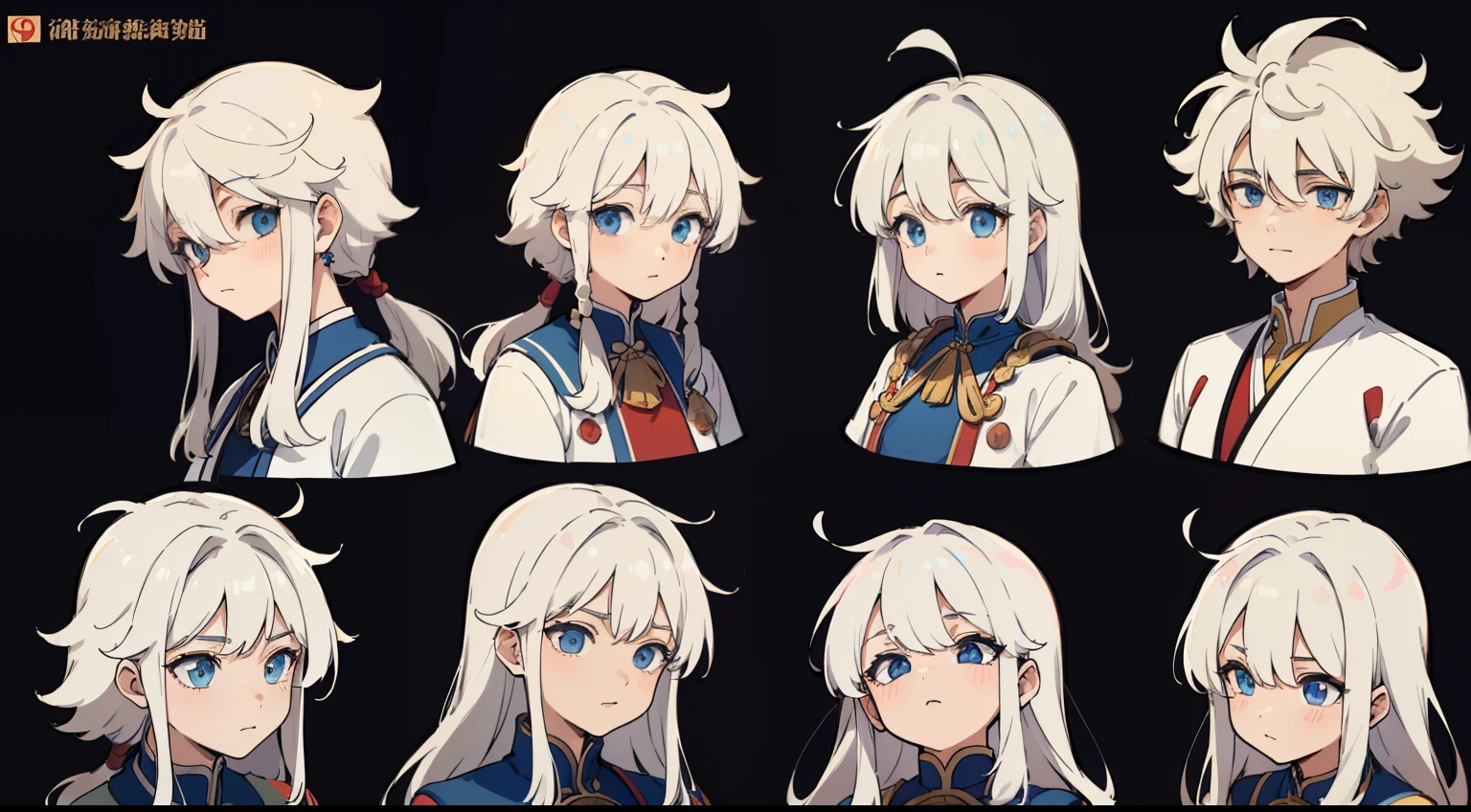 ((Masterpiece, Highest quality)), Detailed face, character sheets, full bodyesbian, 1boys,shoun,children's,Babe, Blue eyes, White hair, Long hair, Messy hair, Soft and fluffy hair, hair between eye,Tibetan costumes, Highland costumes,minority,Full of details, Multiple poses and expressions, Highly detailed, Depth, Many parts