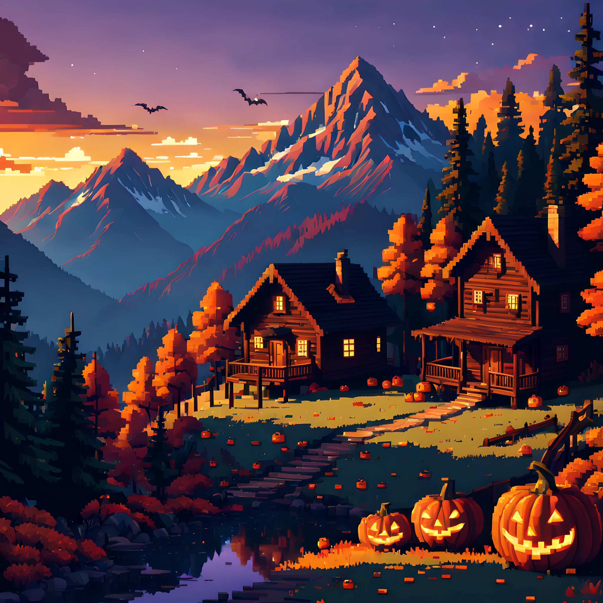 (halloween theme:1.3), (Mountain Cabin (Mountain Cabin) (Mountain Cabin (Mountain Cabin)) (Mountain Cabin (Mountain Cabin) (Mountain Cabin (Mountain Cabin))) (Mountain Cabin (Mountain Cabin) (Mountain Cabin (Mountain Cabin)) (Mountain Cabin (Mountain Cabin) (Mountain Cabin (Mountain Cabin)))):1.3), (Pixel art:1.5), Mountain road decorated for Halloween、Halloween Decoration Hats、Autumn mountain hut、Colored leaves、Sunset、A mountain hut bathed in the setting sun、evening glow、