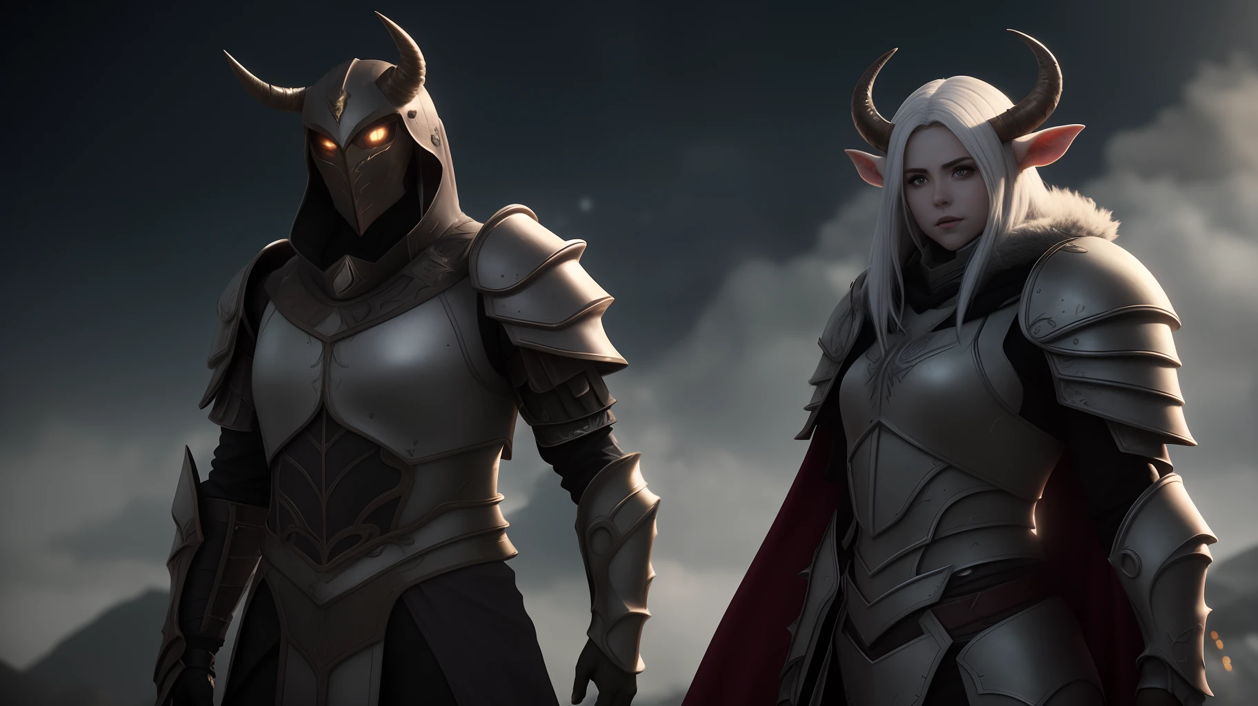 arafed image of a group of people riding horses in a field, elden ring cinematic lighting, undead soldiers in background, heavy metal band promo, animation still screencap, khorne, black shirt underneath armor, an ork, movie trailer, bw 3 d render, rivers of blood, dark castle background