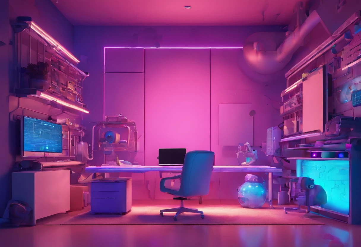 cartoon high tech room with blue purple lighting with desk and computer in the middle with space background high resolution best quality