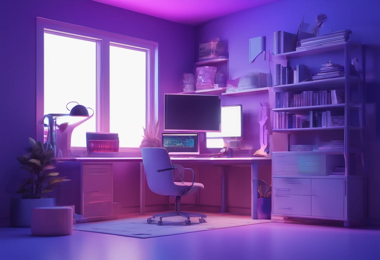 cartoon high tech room with blue purple lighting with desk and computer in the middle with space background high resolution best quality