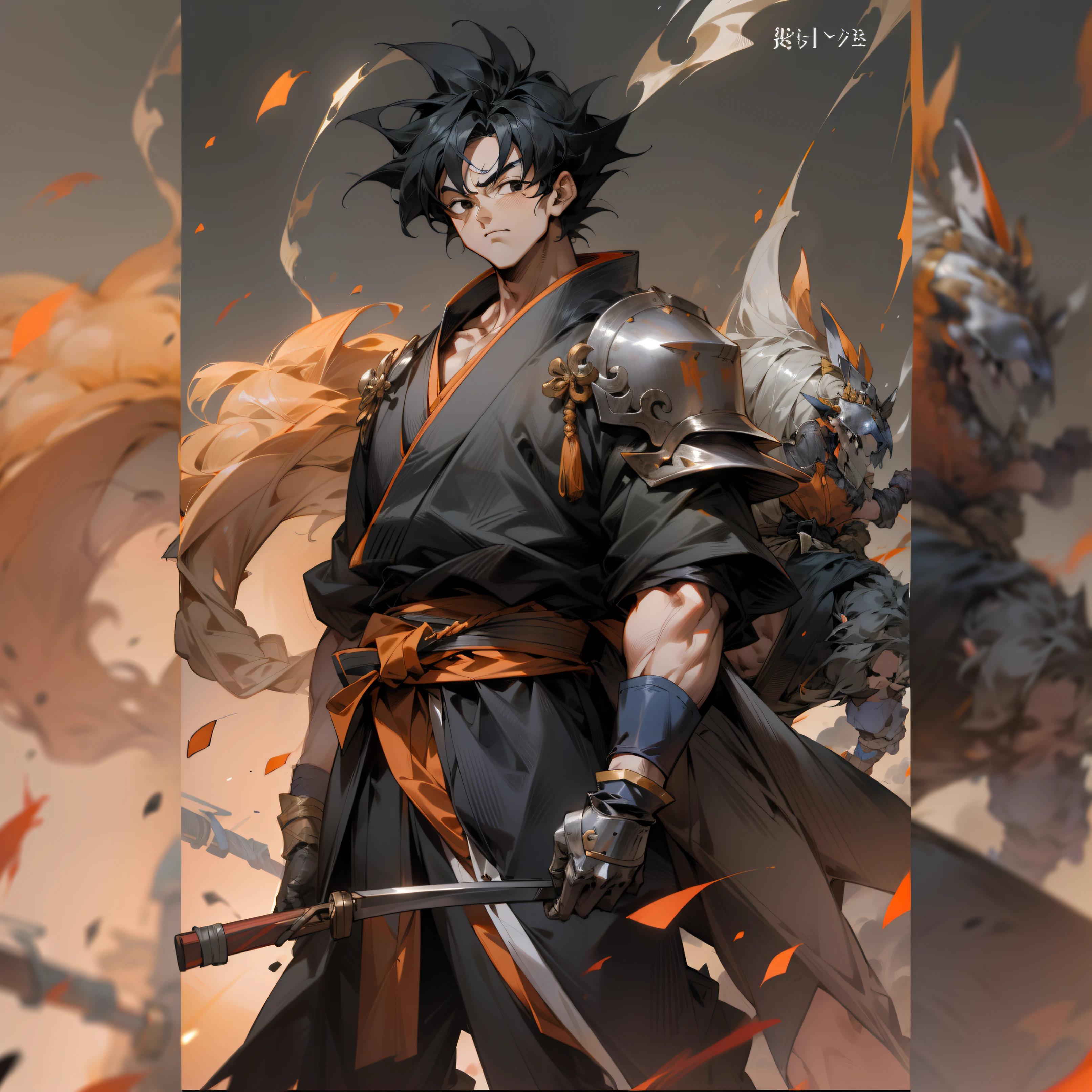 Son Goku,,black hair,black eyes looking at viewer,orange kimono,black hurt under it,has silver sholder armor pad,wrist silver armor,black kimono belt on waist,black gloves, badge's on chest,white background,metal reflects light, masterpiece,8k resolution, ultra detail