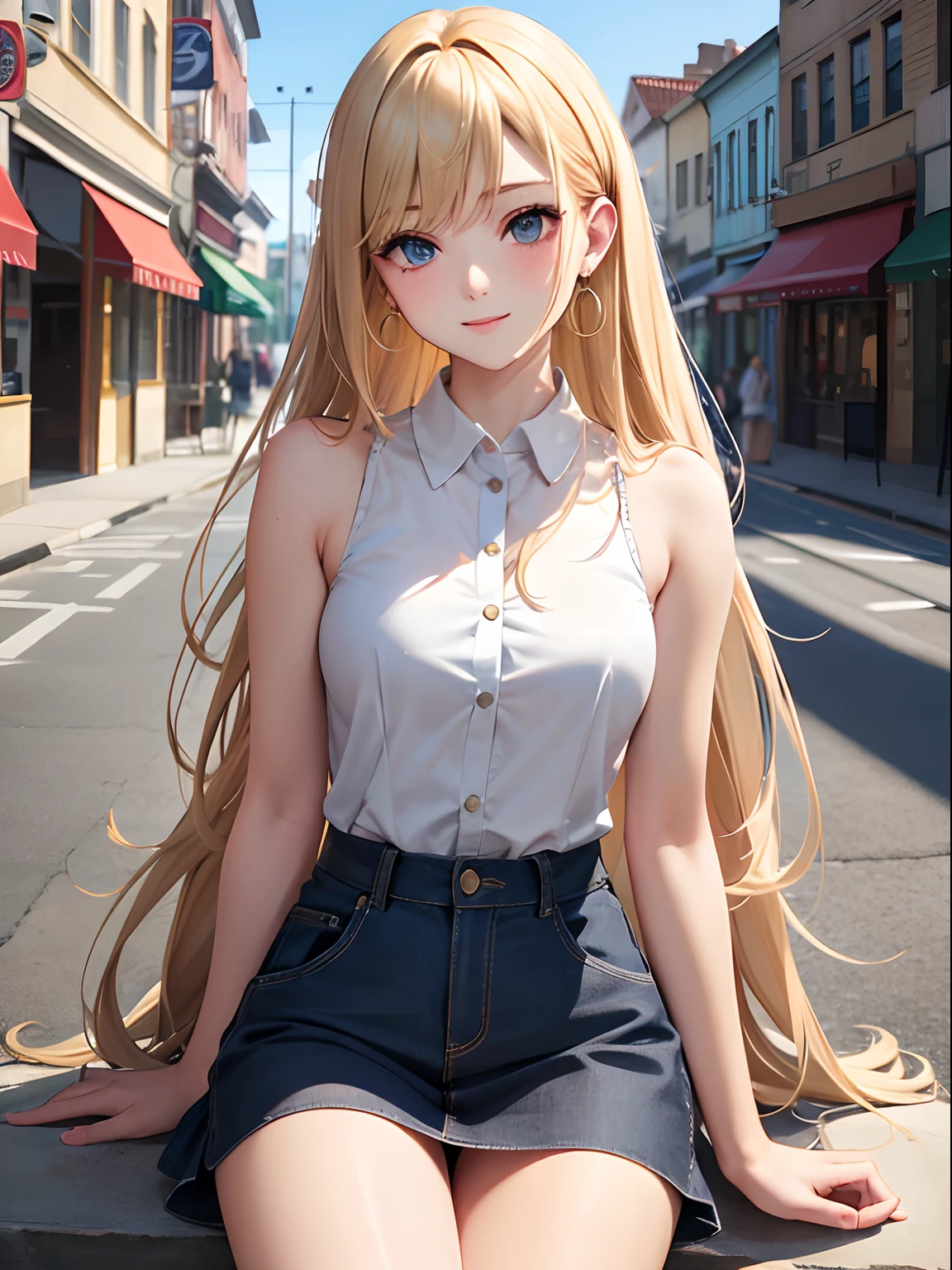 masterpiece:1.2, best quality, ((ultra detailed)), high resolution, 2d, anime style , photo, photography, detailed background, ((very long hair,bronde hair, straight hair,medium breasts,beautiful thighs,earrings))
BREAK
solo,{{blonde hair}},(droopy eyes:1.3),20 years old, (sexy girl,tall face, tall female), ((blue eyes;1.2 )),
BREAK 
cowboy shot,sleeveless shirt,button shirt,medium skirt, pigeon toed,sitting,light smile,terrace,cafe
BREAK
pastel colors:1.4, solid paint:1.2, saturated color, contour