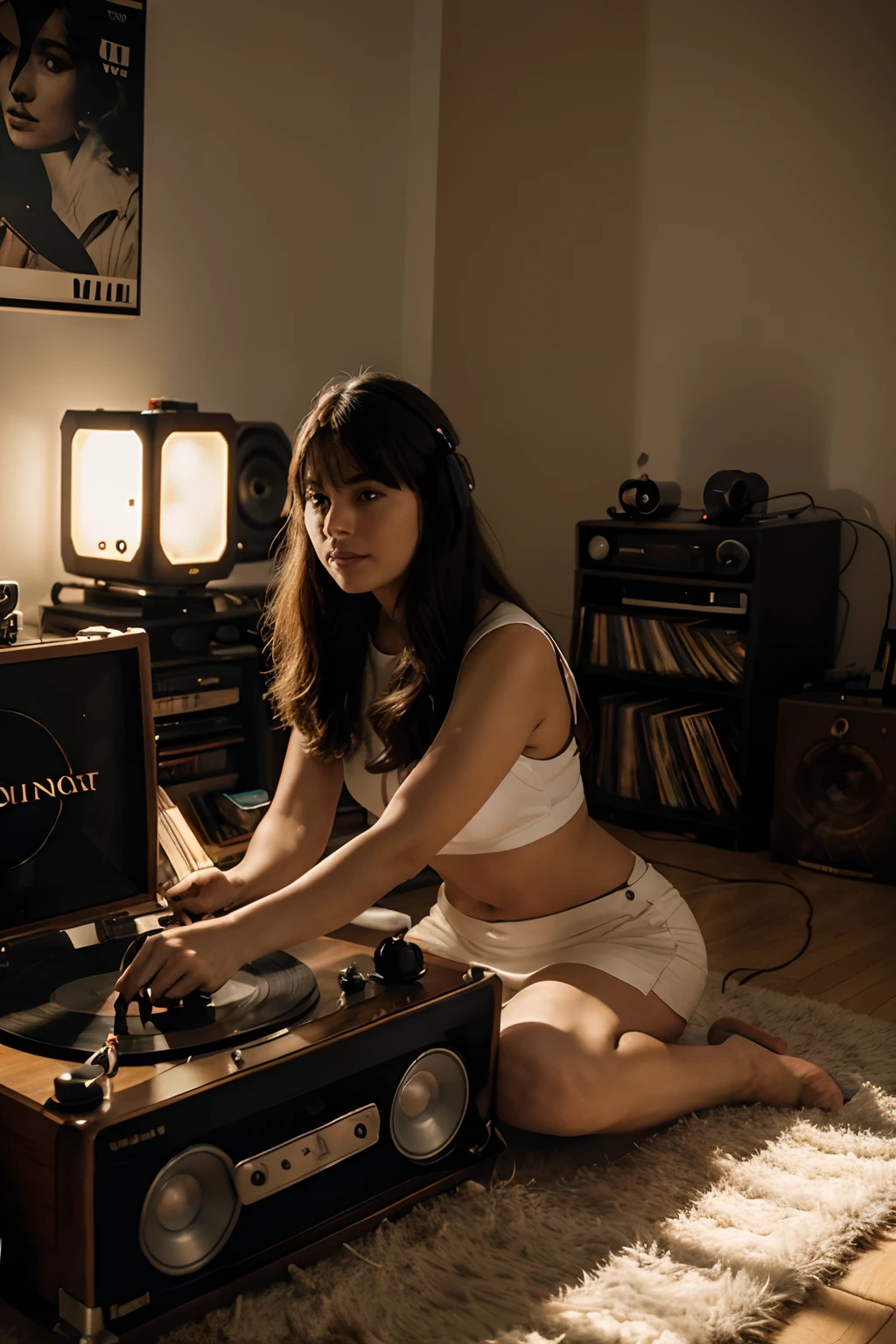 we are on her floor listening to vinyl records, we have to sit close to each other to listen, the record player turntable, the speakers, holding albums with illustrated cover art, we are in audio heaven, together, I have to take a high-quality picture of her body, her showing backlit silhouette , with album art, incredible mood, intimate and relaxed, I want to capture every detail, show ultra-high detail with my 4k camera, lovely moment captured