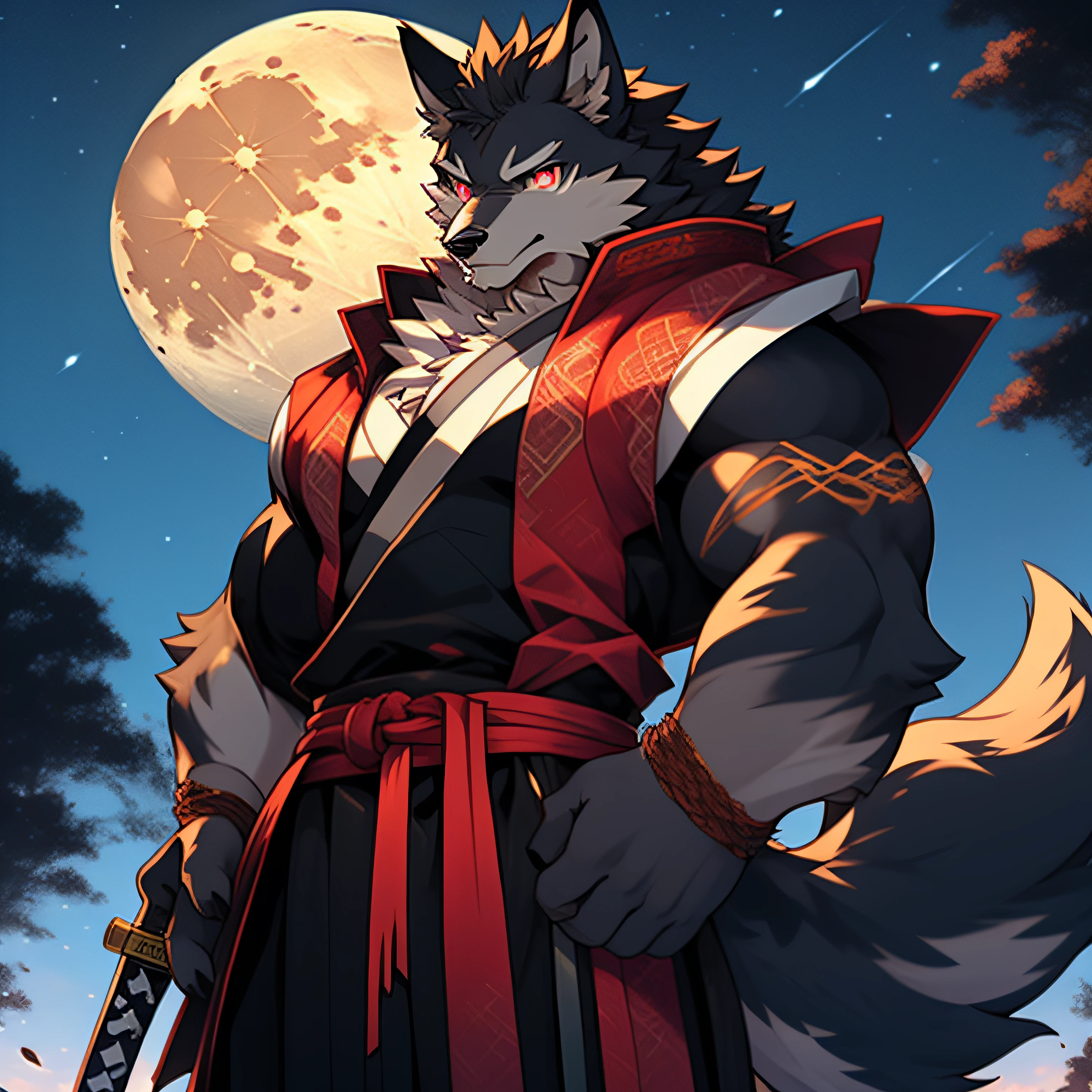 Furry，male，gray wolf，long whitr hair，Red pupils，Holding a katana，Moon Sky，battle garment