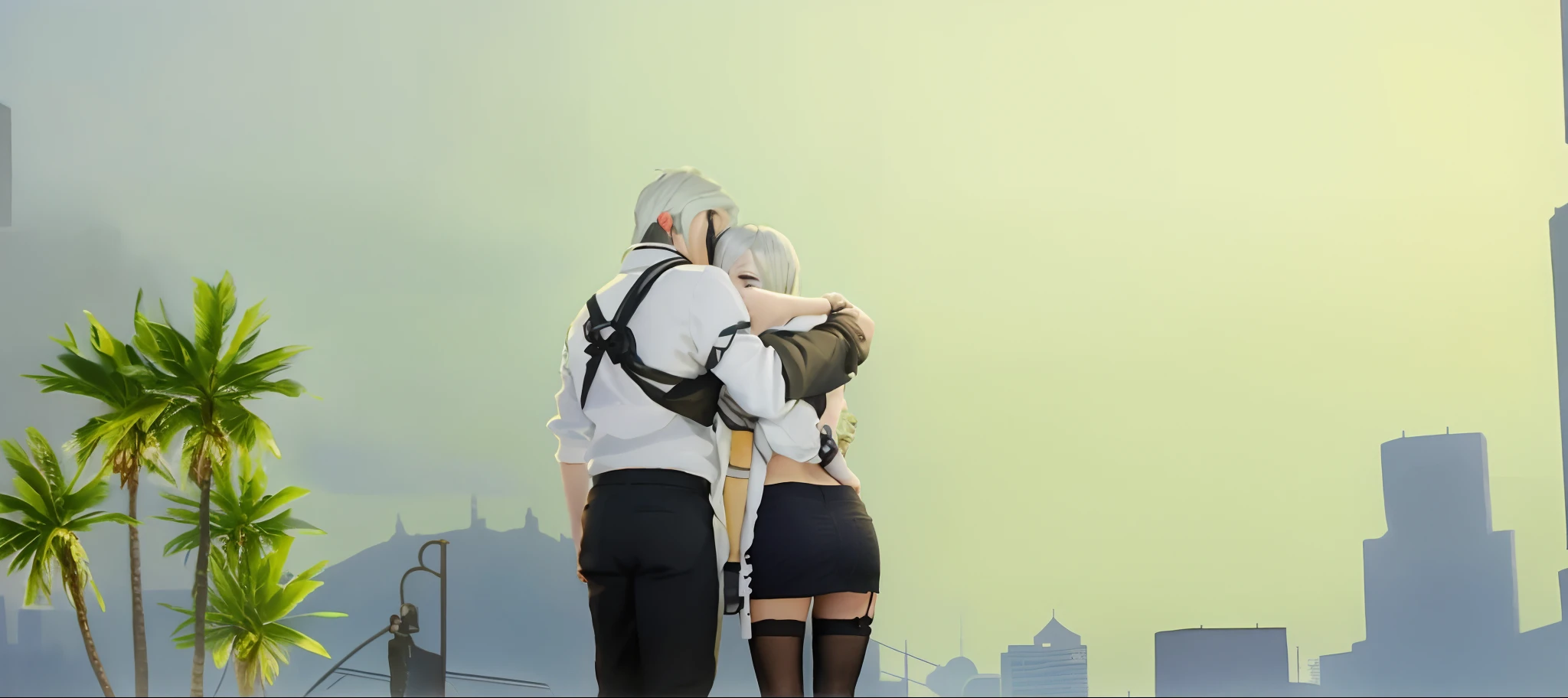 there are two people standing on a street corner with a city in the background, couple pose, hugging, artwork in the style of guweiz, arm around her neck, secondlife, intertwined full body view, tifa lockhart with white hair, guweiz, nier inspired, in the distance, haze over the shoulder shot, couple