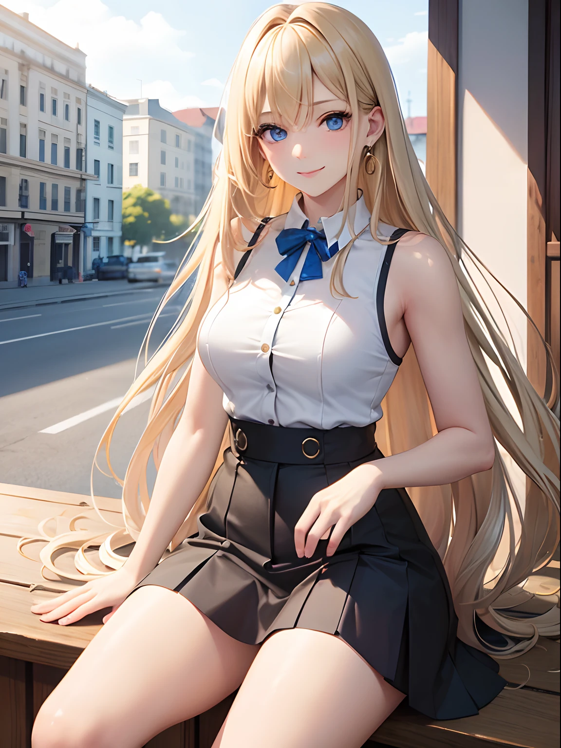masterpiece:1.2, best quality, ((ultra detailed)), high resolution, 2d, anime style , photo, photography, detailed background, ((very long hair,bronde hair, straight hair,medium breasts,beautiful thighs,earrings))
BREAK
solo,{{blonde hair}},(droopy eyes:1.3),20 years old, (sexy girl,tall face, tall female), ((blue eyes;1.2 )),
BREAK
cowboy shot,sleeveless shirt,button shirt,medium skirt, pigeon toed,sitting,light smile,terrace,cafe
BREAK
pastel colors:1.4, solid paint:1.2, saturated color, contour