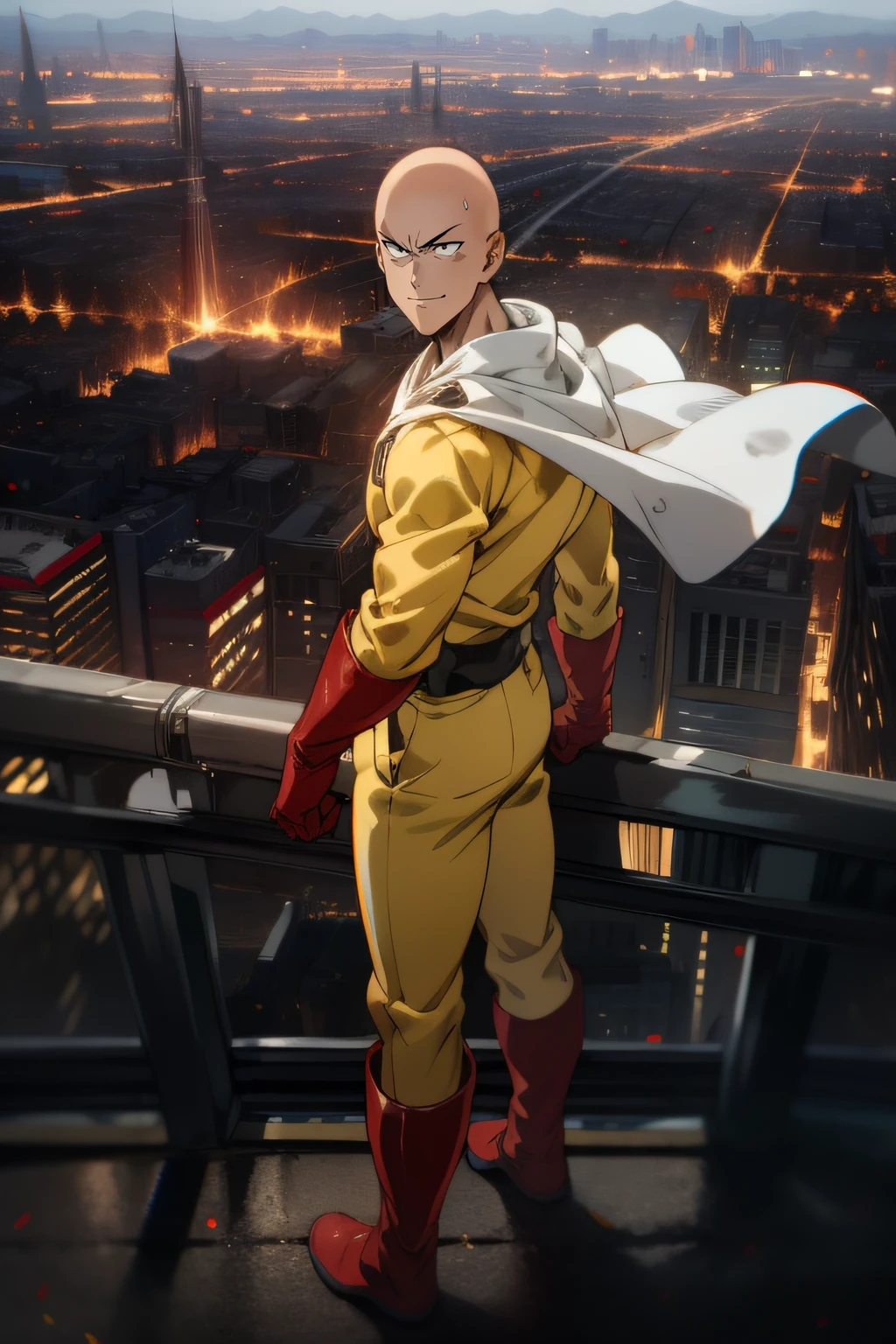 masterpiece, best quality, 1boy, (saitama), blad head, yellow clothe, black eyes, red gloves, red boots, standing, smiling, angry face, aura power, night, natural light, standing, angry eyes, evil smiling, male focus, strong muscles, movie composition, flying, bokeh, (futuristic), (full body), city view, flying above the city, scary look, godly strenght, yellow emergy around him