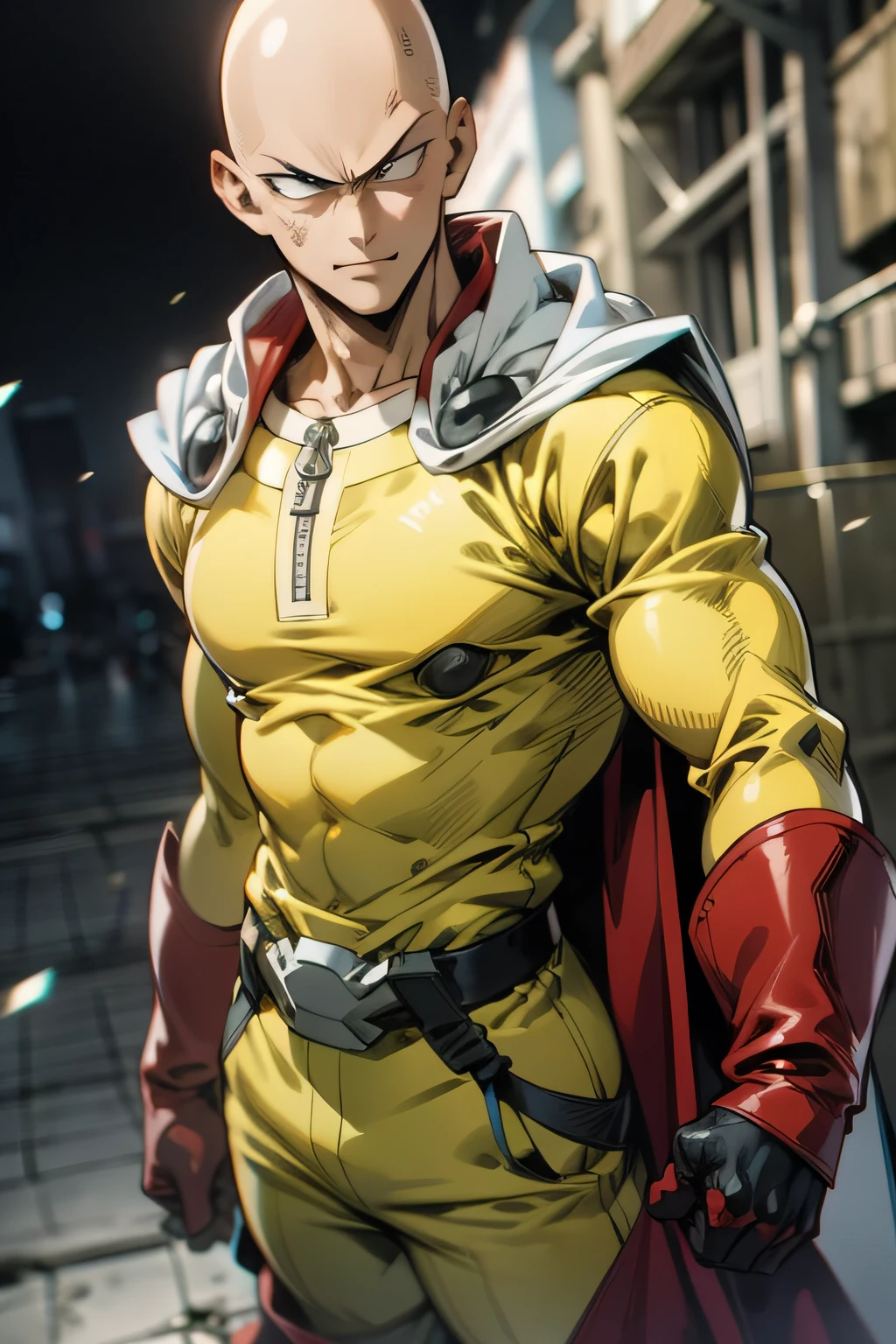 masterpiece, best quality, 1boy, (saitama), bald hair, black eyes,  blue boot, red gloves, yellow clothes, white cape, standing, smiling, angry face, aura power, night, natural light,standing, angry eyes,  smiling, male focus, strong muscles, movie composition, deth of field, bokeh, (futuristic), (full body),