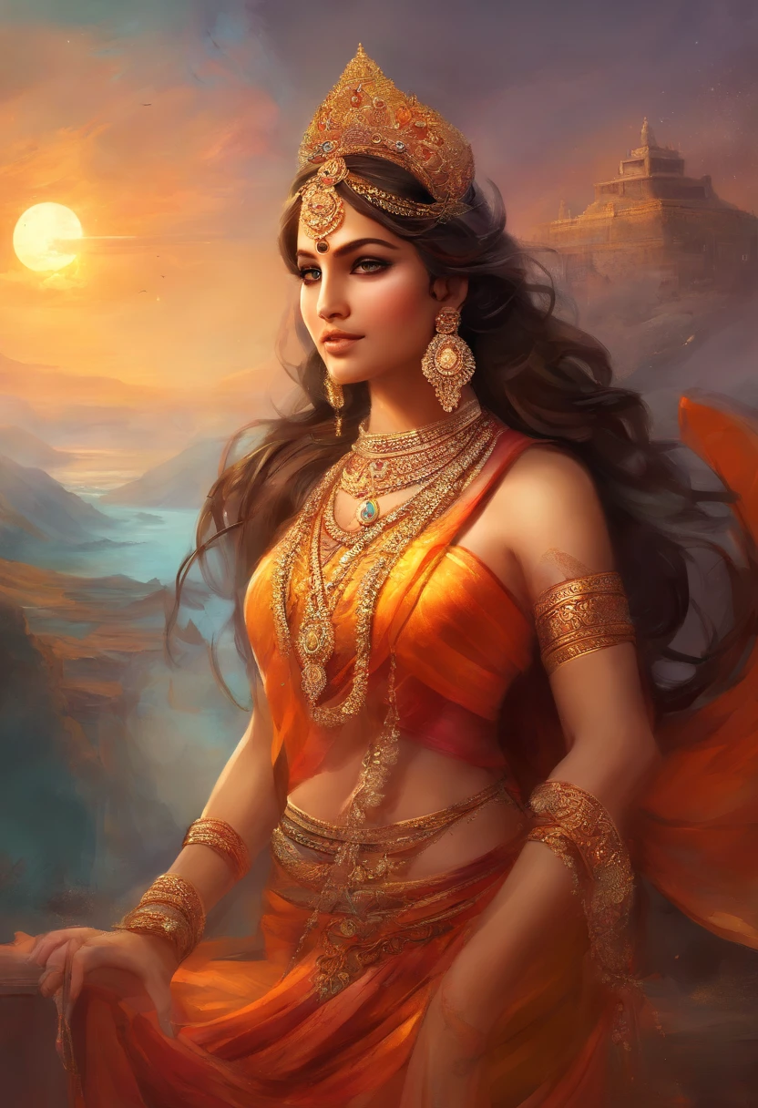Masterpiece, highres,Indian goddess, full body,beautiful,representing fire,wearing embroidered saree,showing naval, jewelleries, bangles, great artwork