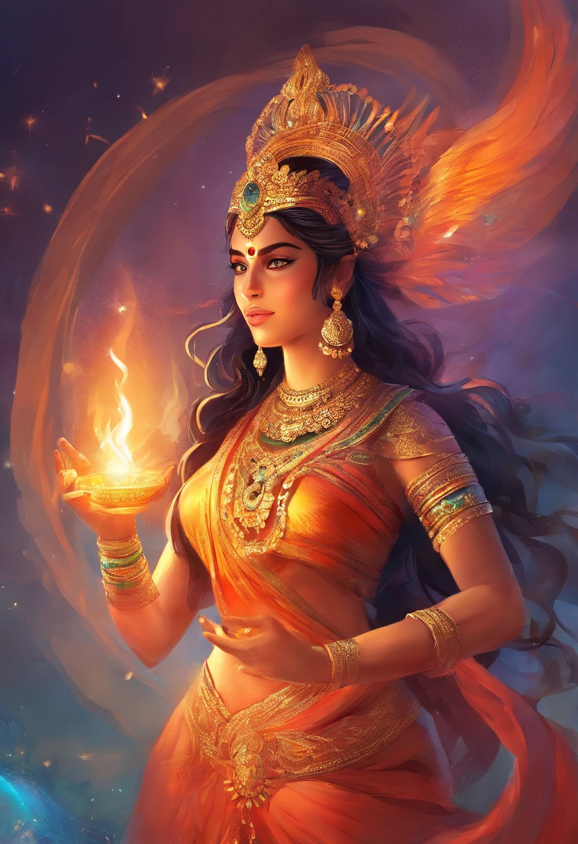 Masterpiece, highres,Indian goddess, full body,beautiful,representing fire,wearing embroidered saree,showing naval, jewelleries, bangles, great artwork