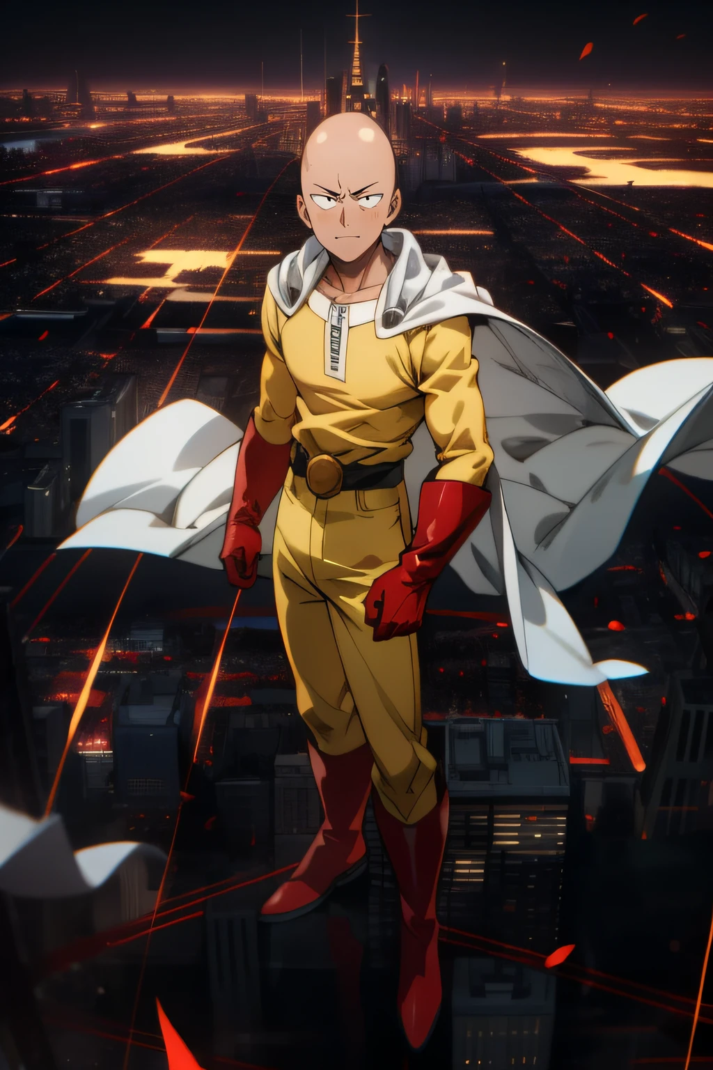 masterpiece, best quality, 1boy, (saitama), blad head, yellow clothe, black eyes, red gloves, red boots, standing, smiling, angry face, aura power, night, natural light, standing, angry eyes, evil smiling, male focus, strong muscles, movie composition, flying, bokeh, (futuristic), (full body), city view, flying above the city, scary look, godly strenght, yellow emergy around him