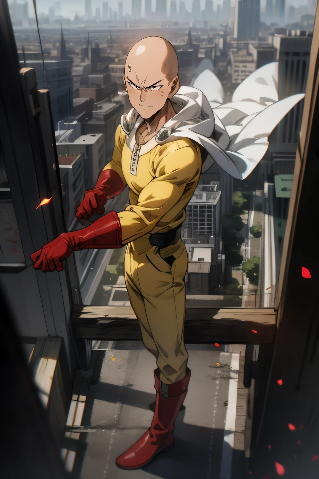 masterpiece, best quality, 1boy, (saitama), blad head, yellow clothe, black eyes, red gloves, red boots, standing, smiling, angry face, aura power, night, natural light, standing, angry eyes, evil smiling, male focus, strong muscles, movie composition, flying, bokeh, (futuristic), (full body), city view, flying above the city, scary look, godly strenght, yellow emergy around him, detailed face, detailed masculine body.