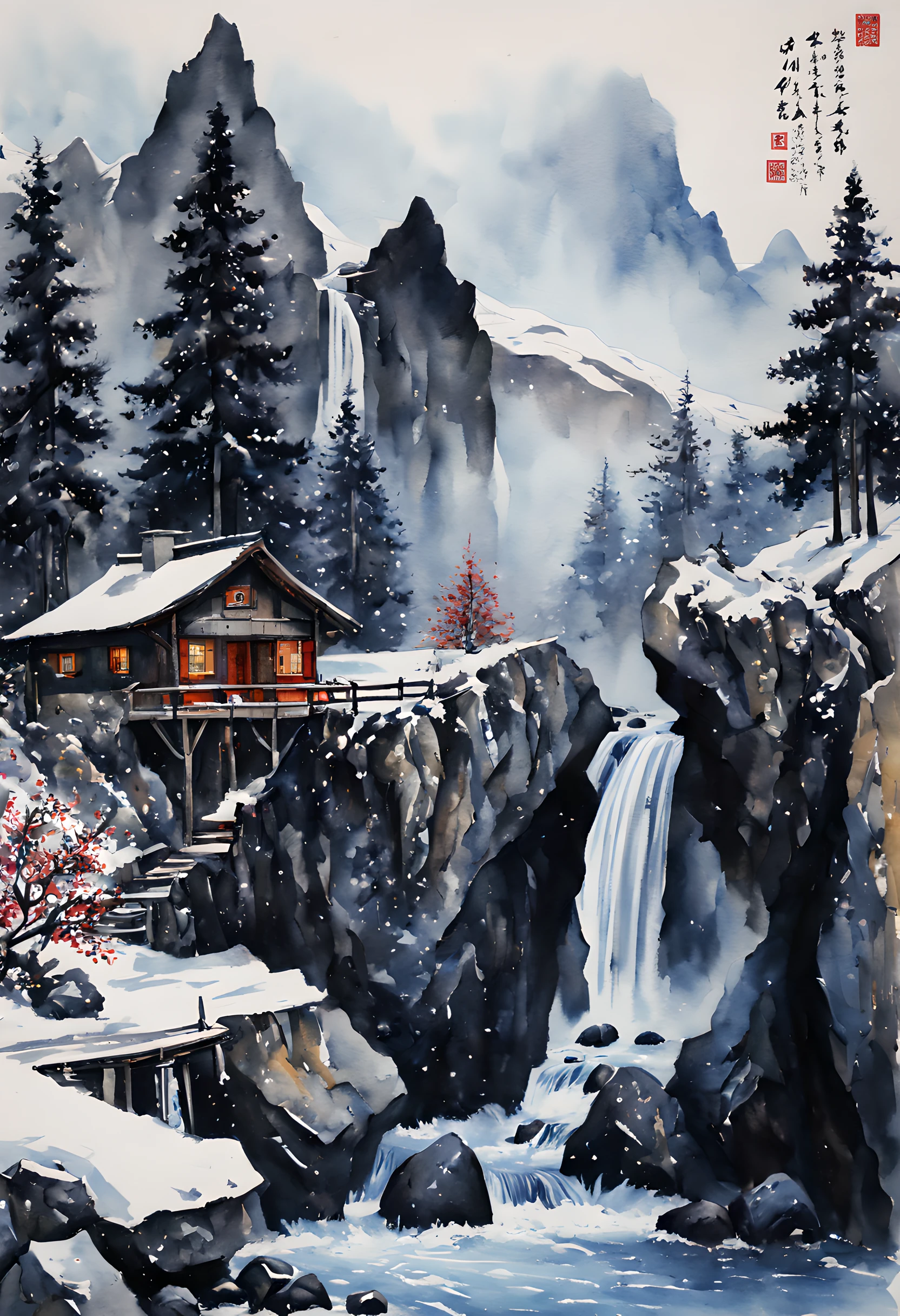 (ink and watercolor painting:1.5), (landscape painting:1.5), (mountain cabin:1.5), (Tasteful:1.5), (Winter Mountain Cabin:1.5), (Switzerland:1.5), (the Alps:1.5), (Snowy mountains in winter:1.5), (waterfall:1.5),(rock:1.5,(river:1.5),(tree:1.5),(ink-painting:1.5),(chinese style:1.5)