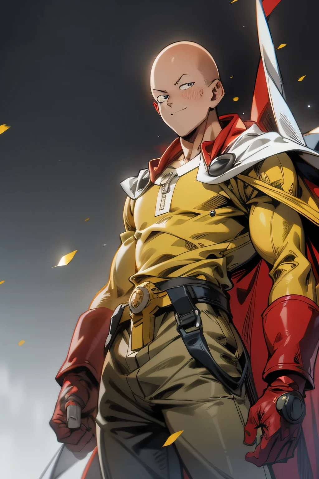 masterpiece, best quality, 1boy, (saitama), bald hair, black eyes,  blue boot, red gloves, yellow clothes, white cape, standing, smiling, angry face, aura power, night, natural light,standing, angry eyes,  smiling, male focus, strong muscles, movie composition, deth of field, bokeh, (futuristic), (full body), detailed face, detailed body