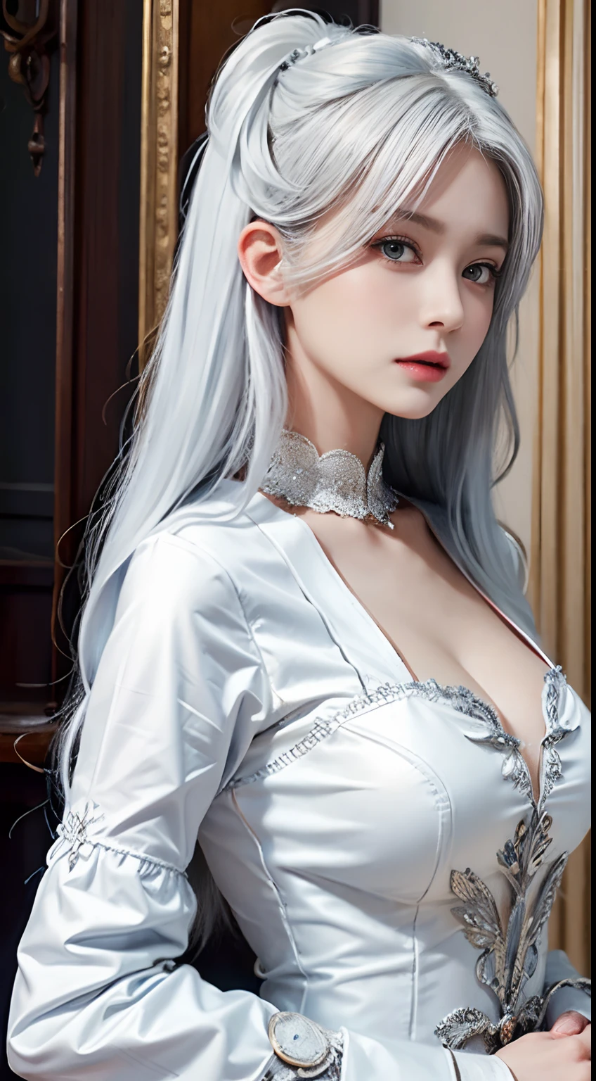 Transport yourself to a world where a woman with striking features and long, white hair is the center of attention. She stands confidently, her maid's outfit accentuating her curves, as she looks directly at the viewer with a captivating gaze. The level of detail in her face is astonishing, making it hard to believe she is not a real person.