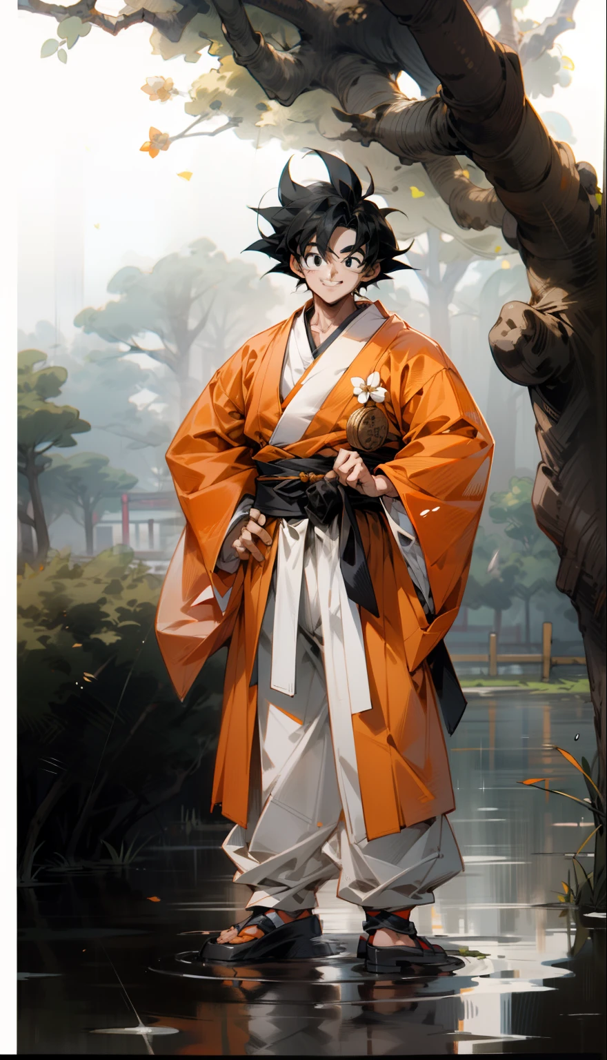 Son Goku,,black hair,black eyes looking at viewer,orange kimono, white shirt under it,black ido kimono belt on waist,left hand on hip,standing on puddle,puddle reflection,tree behind the background,Goku smiling happy expression, masterpiece, Grammy winning award,8k resolution,ultra detail,soft shading
