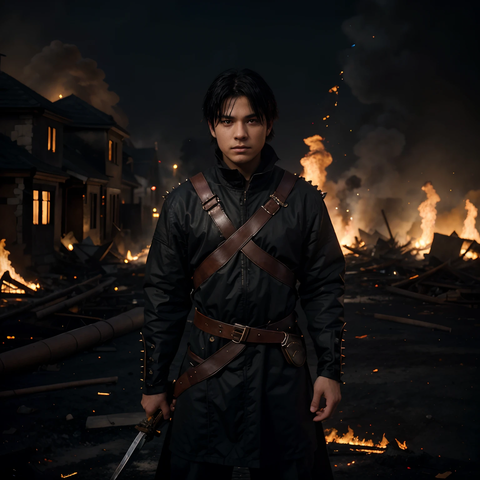 Character Kentarion 16 years old, boy, black hair, fire sword, setting: village destroyed, houses on fire. black creatures, shadow specters, amber eyes, Conceptual art, cinematic lighting, drop shadow, diffraction spikes, Ultra-Wide Angle, Hasselblad, UHD, masterpiece, anatomically correct, 1080P, 4K, 8k, best quality