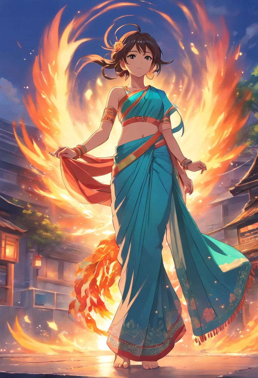 Masterpiece, highres,Indian goddess, full body,beautiful,representing fire,wearing embroidered saree,showing naval, jewelleries, bangles, great artwork