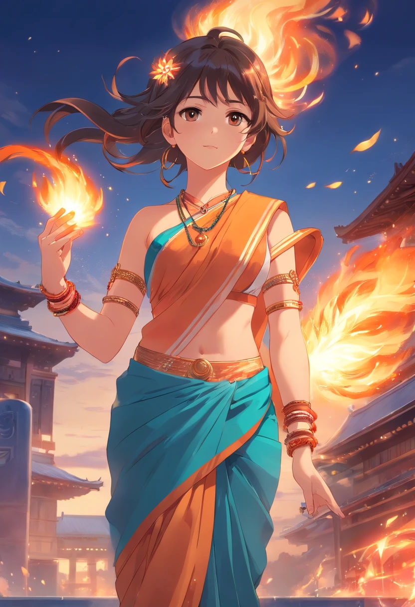 Masterpiece, highres,Indian goddess, full body,beautiful,representing fire,wearing embroidered saree,showing naval, jewelleries, bangles, great artwork
