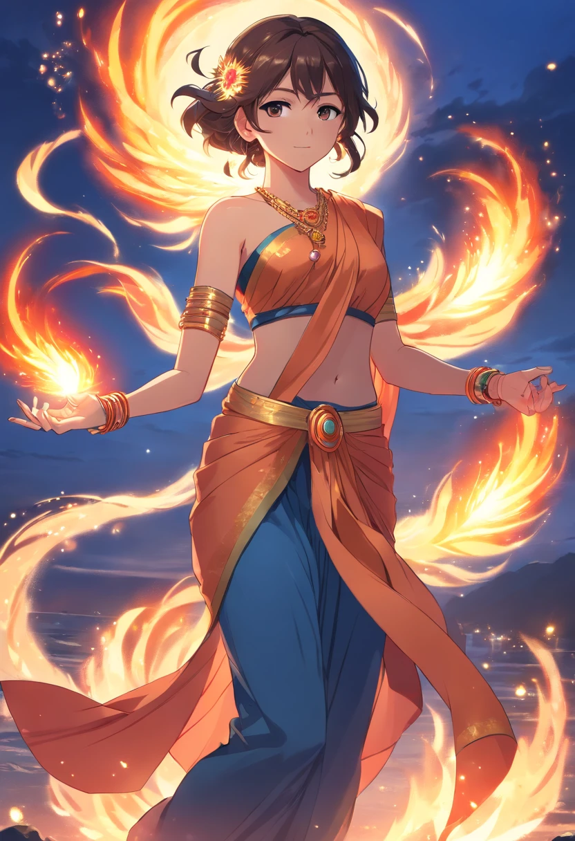 Masterpiece, highres,Indian goddess, full body,beautiful,representing fire,wearing embroidered saree,showing naval, jewelleries, bangles, great artwork