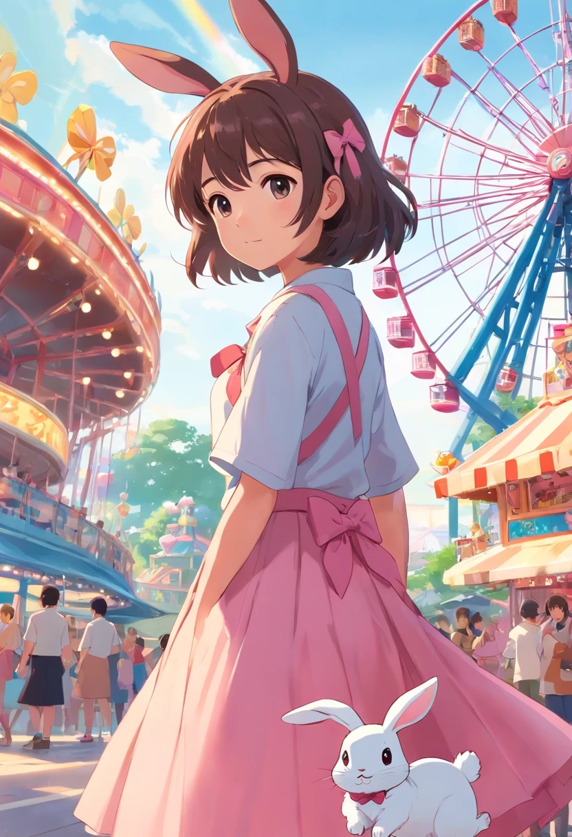 A little girl in a long skirt with a little rabbit hairpin compared with one hand，Holding a small rabbit dressed in pink and wearing a fan bow hairpin at a large amusement park