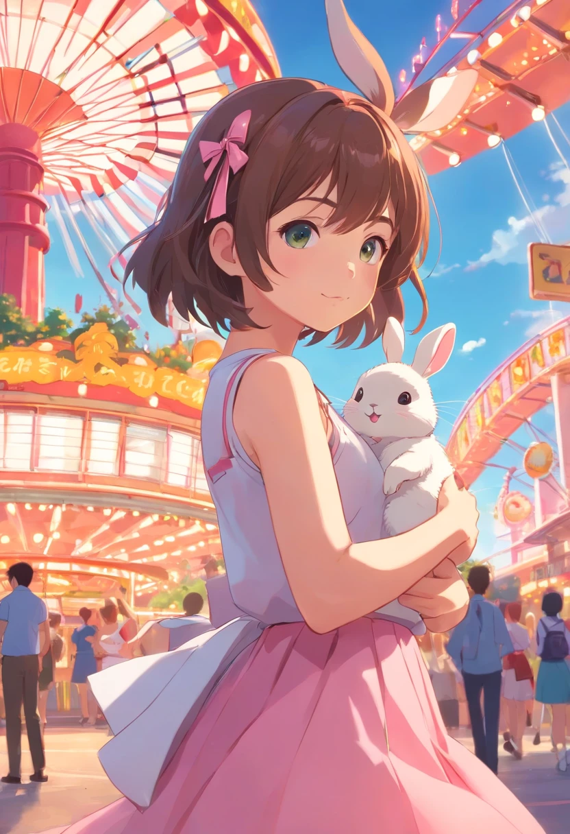 A little girl in a long skirt with a little rabbit hairpin compared with one hand，Holding a small rabbit dressed in pink and wearing a fan bow hairpin at a large amusement park